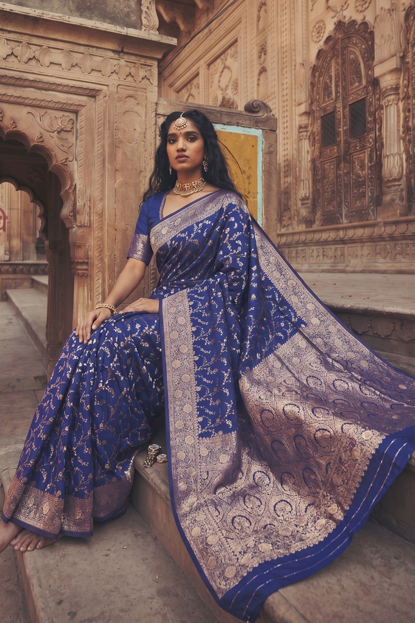 Buy MySilkLove Midnight Blue Woven Banarasi Saree Online