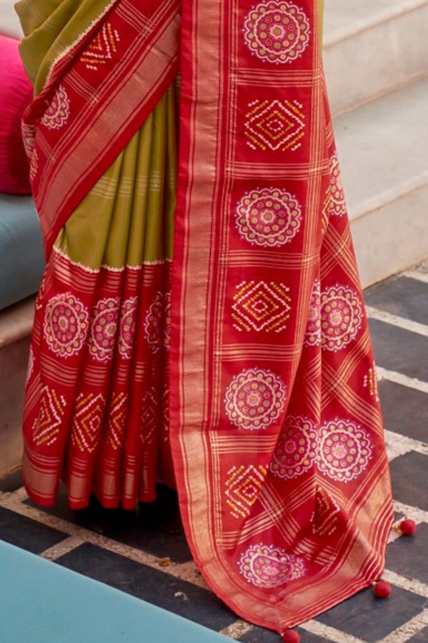 Buy MySilkLove Mehendi Green and Red Printed Patola Saree Online