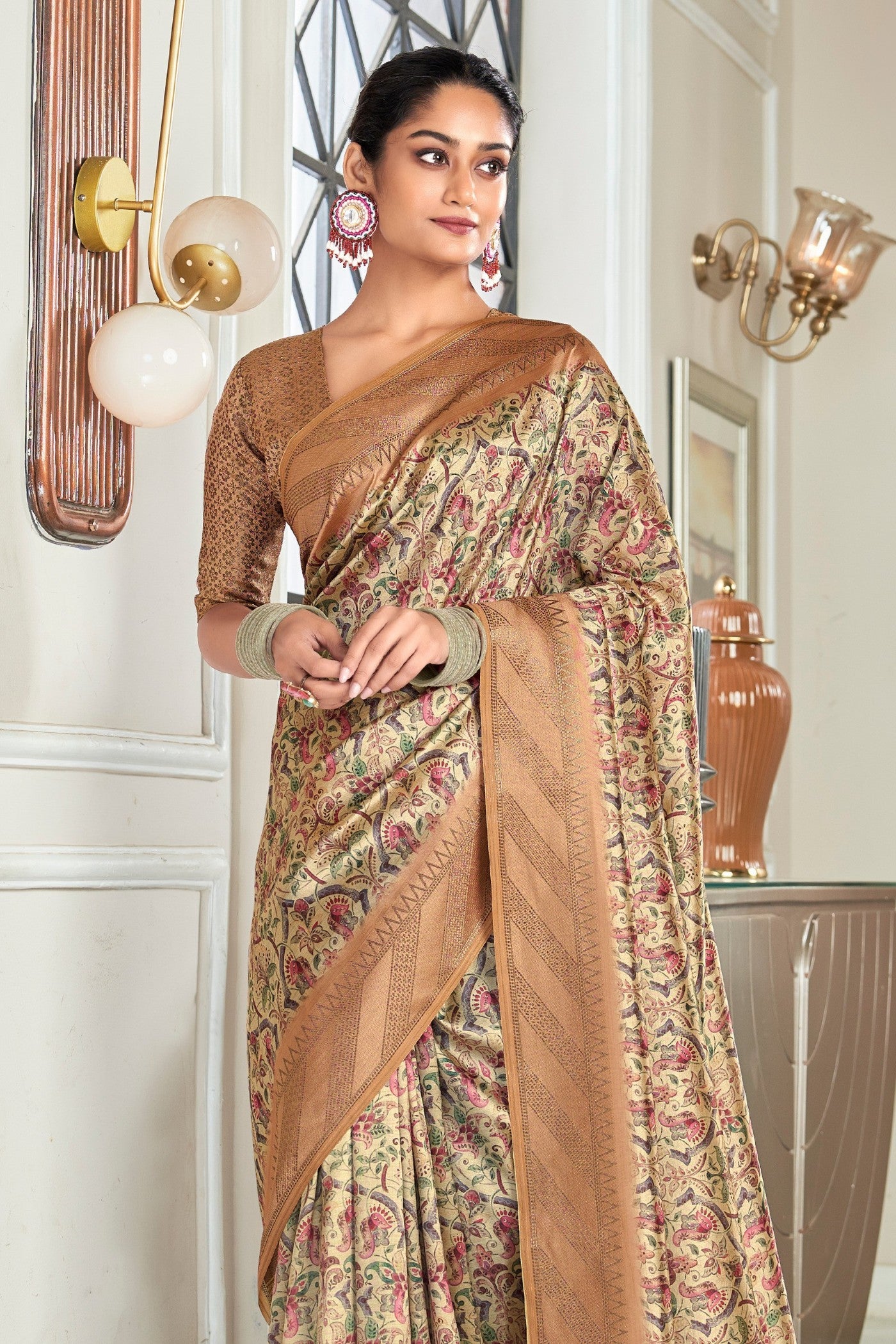 Buy MySilkLove Cameo Cream and Brown Digital Printed Banarasi Saree Online