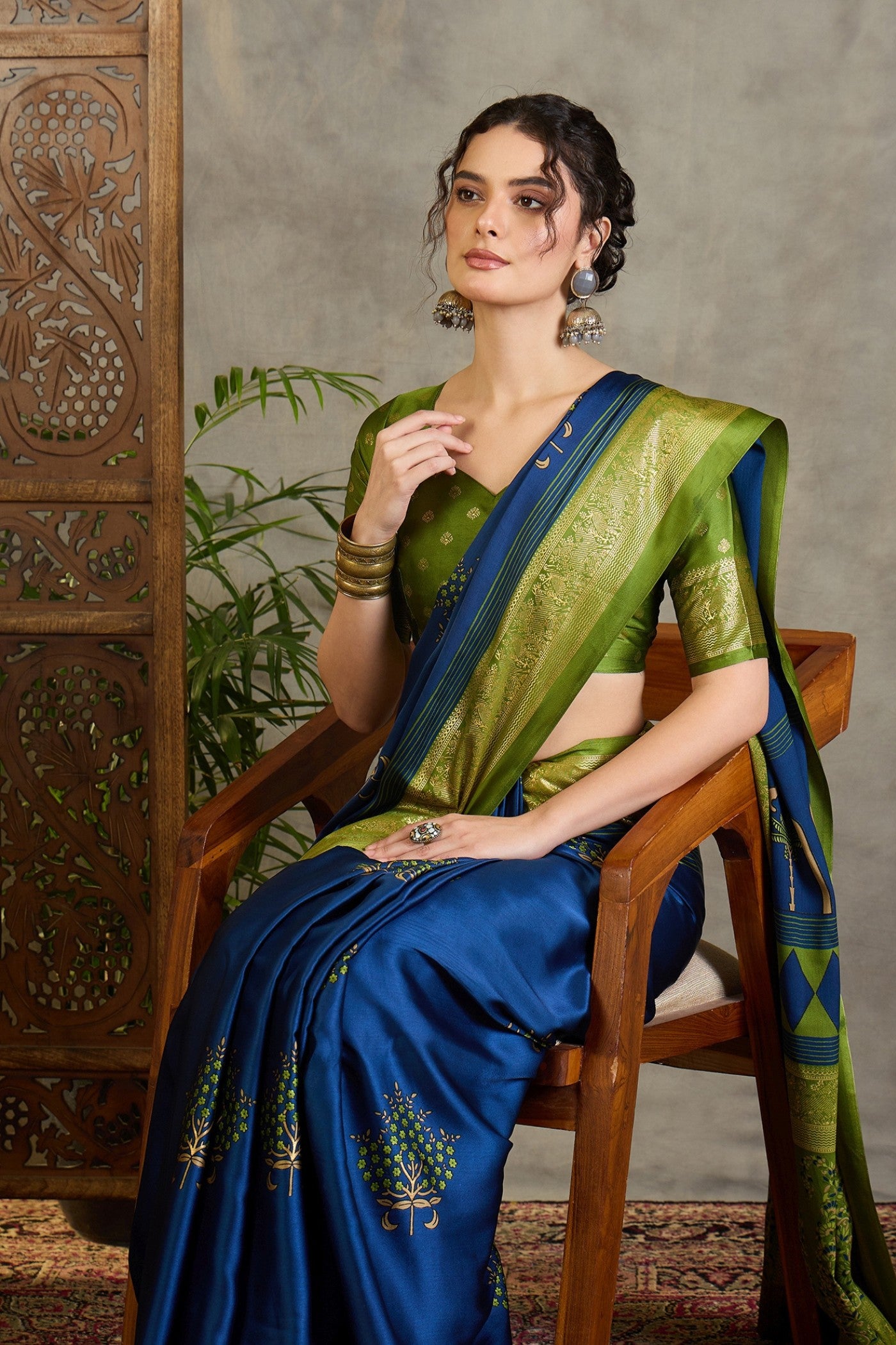 Buy MySilkLove Tidal Blue and Green Printed Satin Crepe Silk Saree Online
