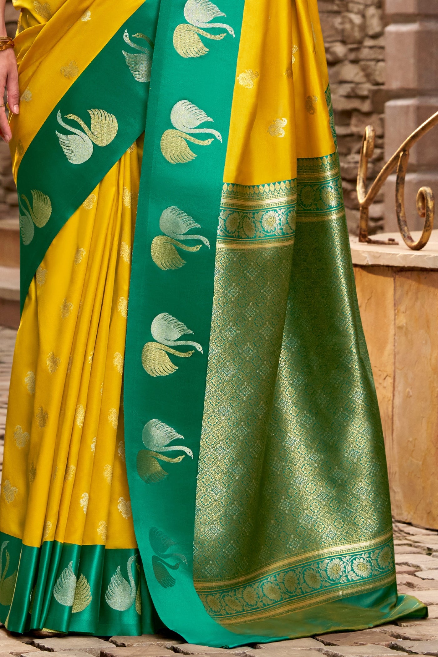Buy MySilkLove Sunrise Yellow Woven Satin Soft Silk Saree Online