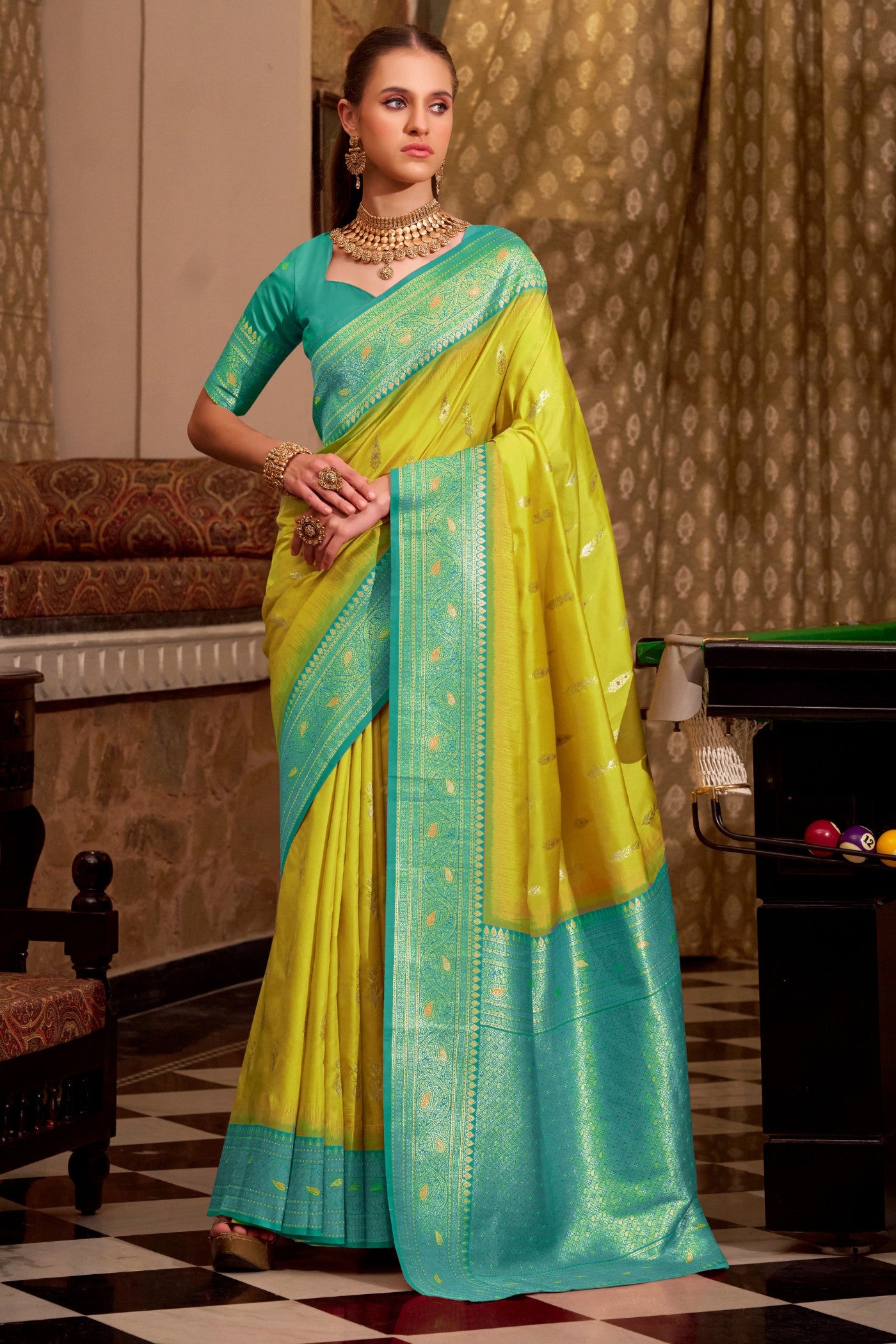 Buy MySilkLove Chartreuse Yellow Woven Banarsi Saree Online