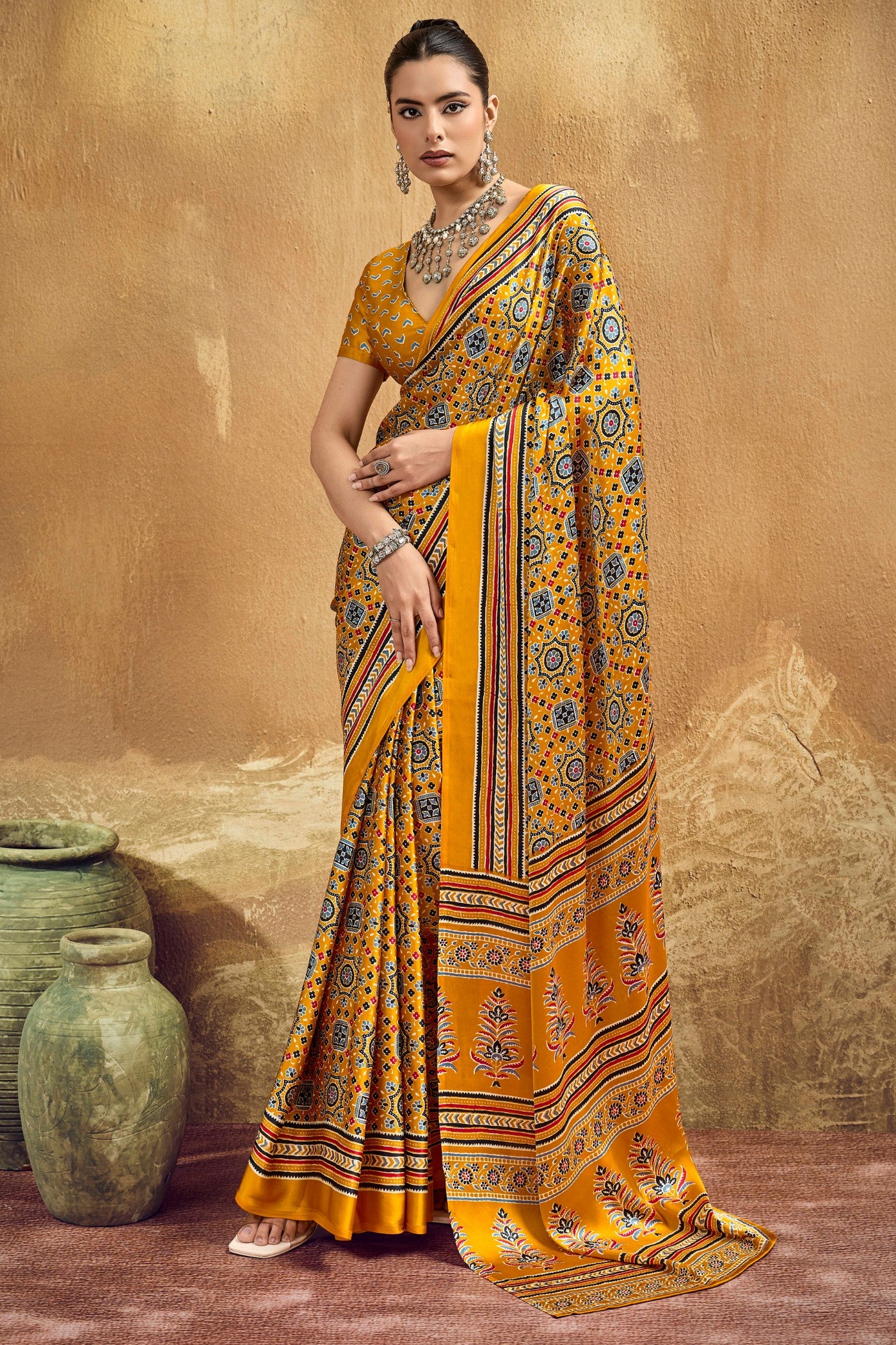 Buy MySilkLove Jonquil Yellow Modal Ajrakh Satin Printed Silk Saree Online