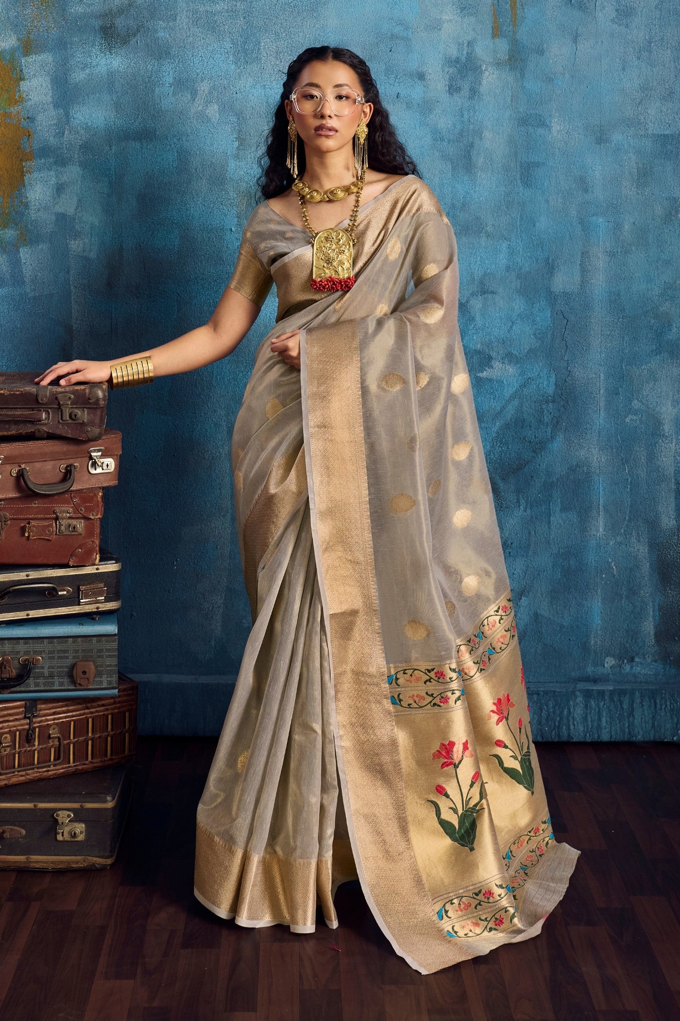 Buy MySilkLove Cadet Grey Zari Woven Tissue Paithani Saree Online