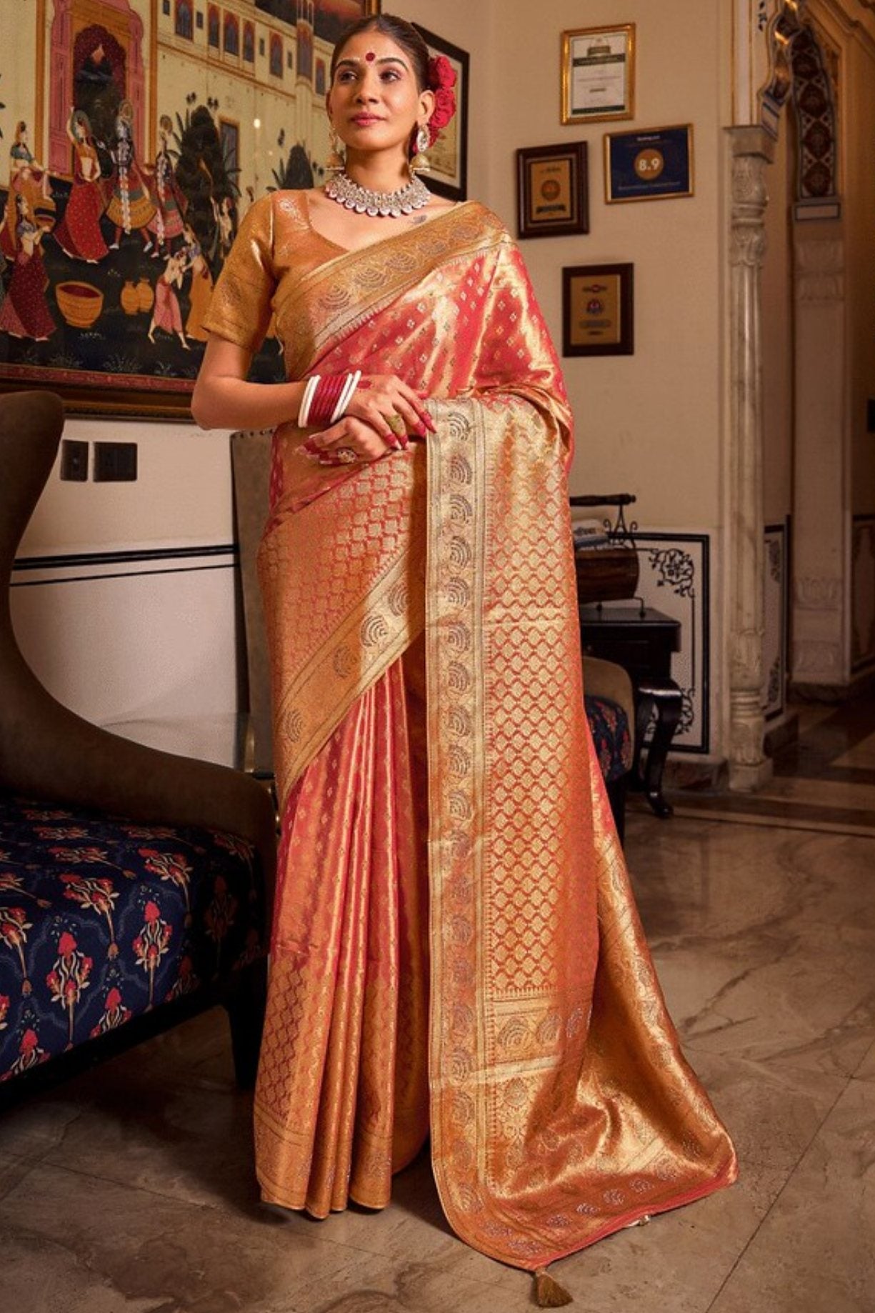 Buy MySilkLove Cedar Chest Orange Zari Woven Banarasi Saree Online