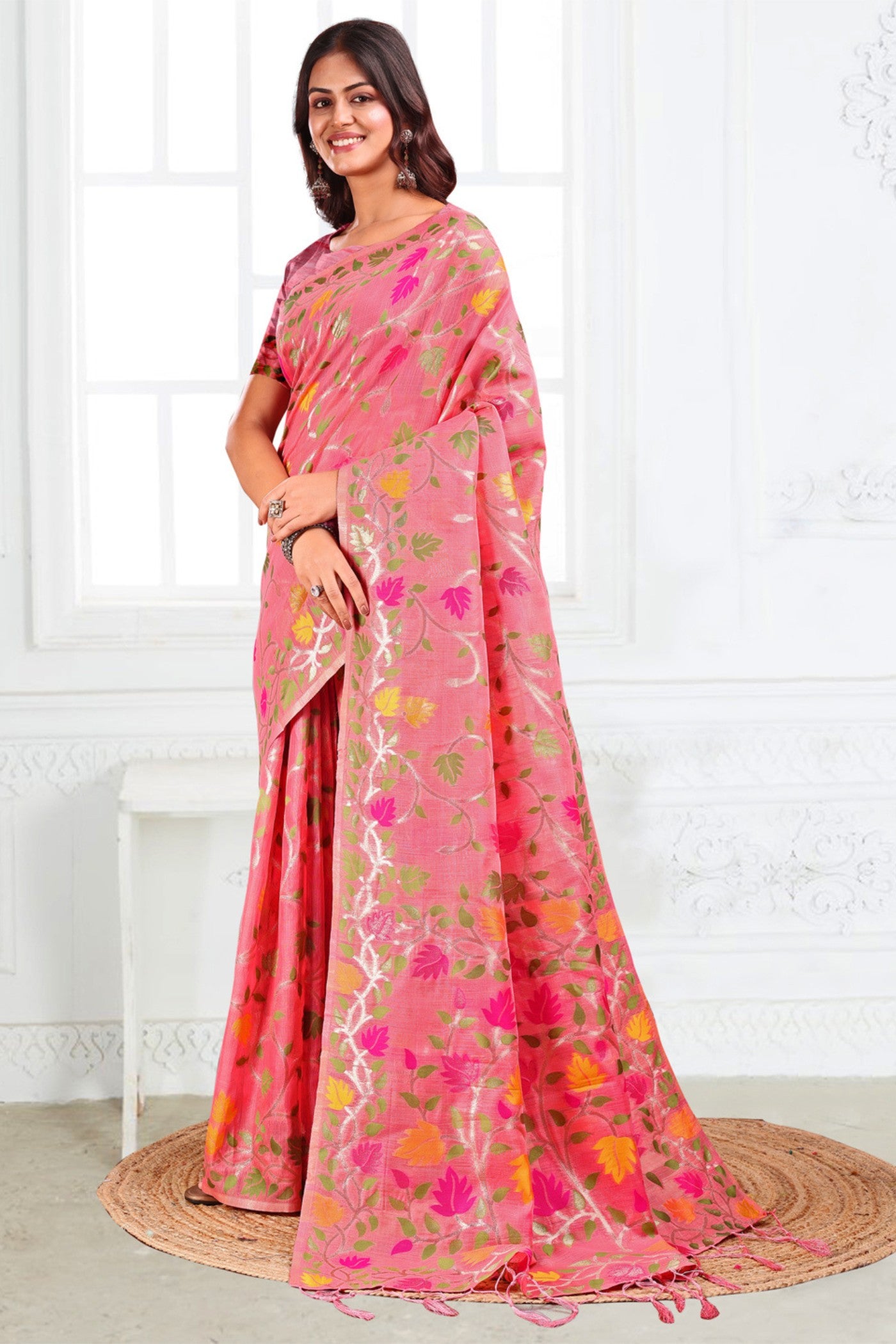 Buy MySilkLove Coral Pink Woven Linen Cotton Saree Online