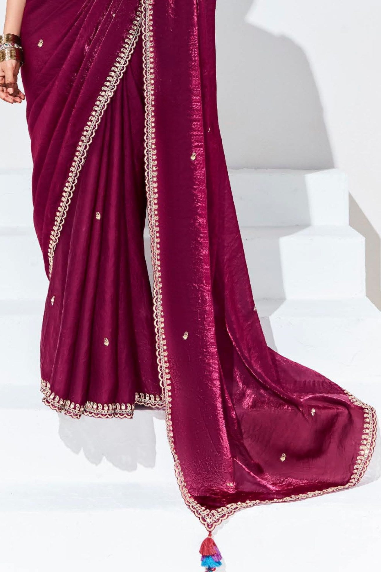 Buy MySilkLove Rose Bud Cherry Maroon Tissue Organza Designer Partywear Saree Online