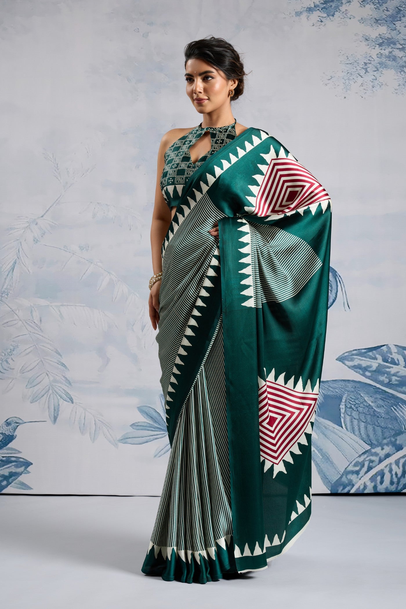 Buy MySilkLove Beryl Green Stripe Ajrakh Printed Satin Crepe Silk Saree Online