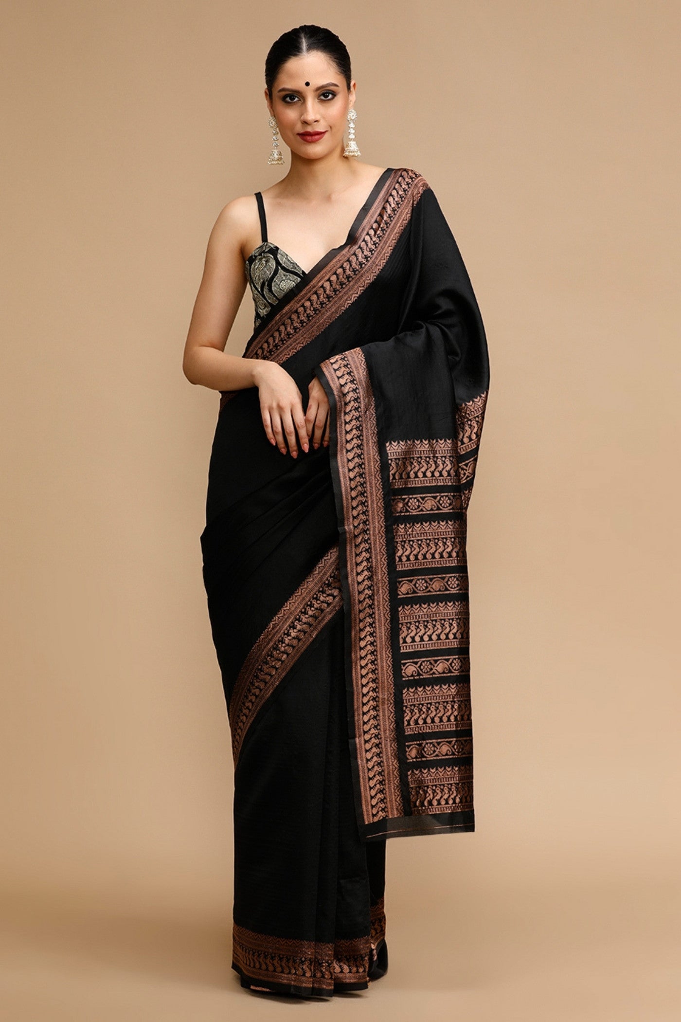 Buy MySilkLove Davy Black Woven Jacquard Lichi Silk Saree Online