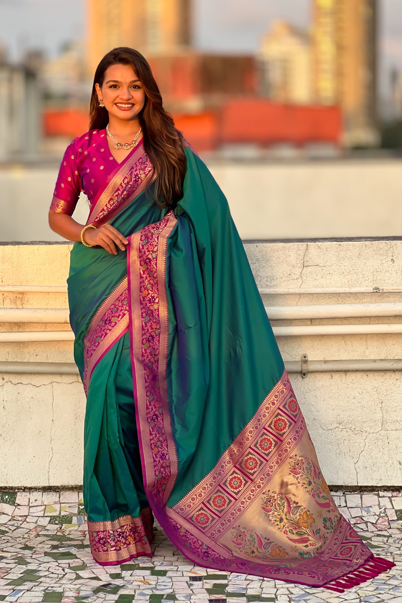 Buy MySilkLove Teal Green and Pink Zari Woven Paithani Saree Online