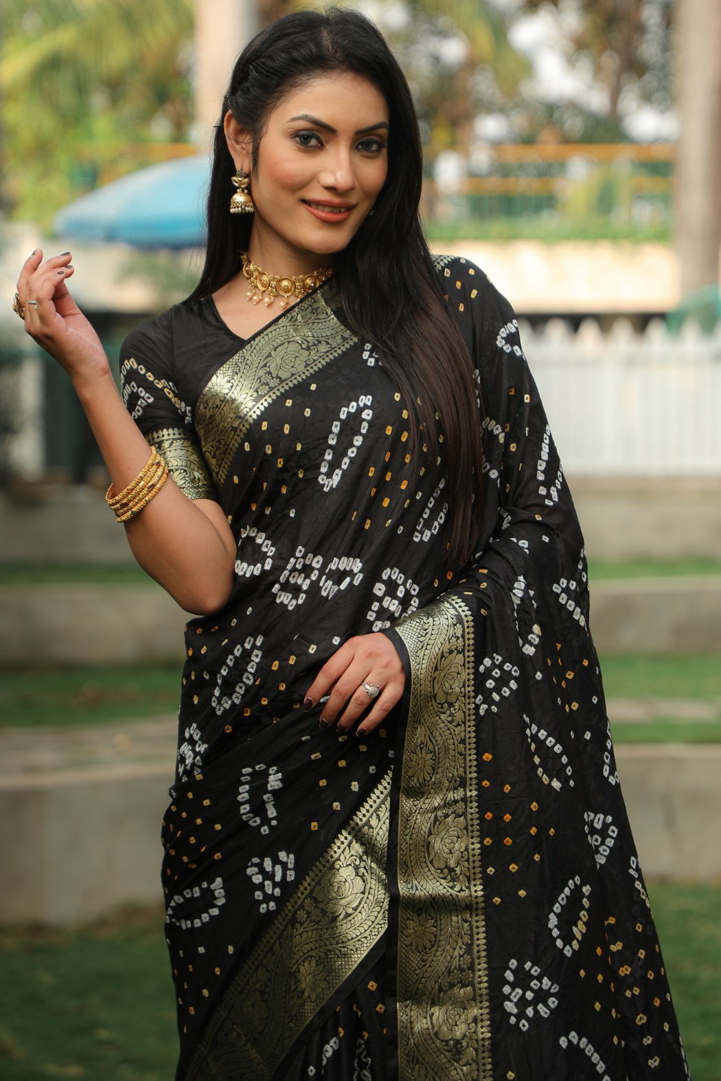 MySilkLove Eerie Black Designer Bandhani Printed Saree