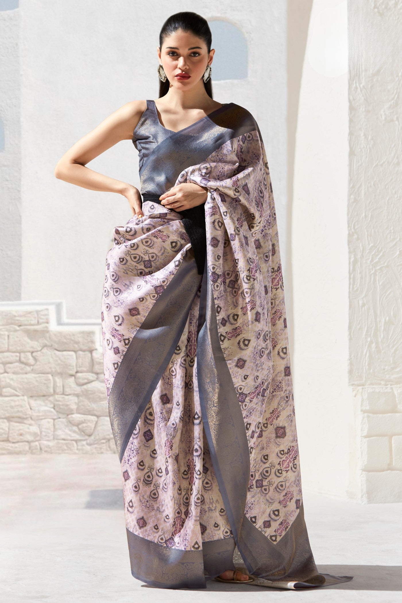 Buy MySilkLove Hemp Cream and Grey Banarasi Digital Printed Saree Online