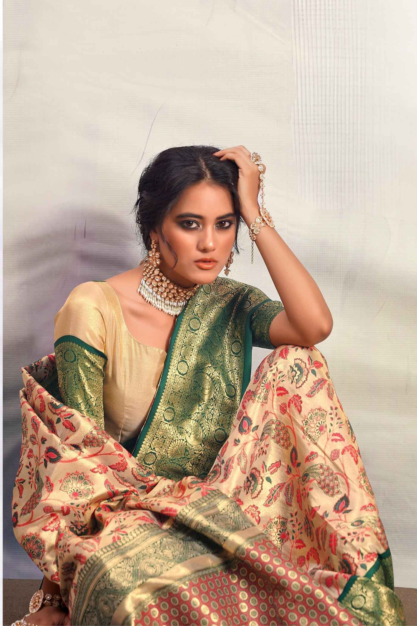 Buy MySilkLove Finlandia Green and Cream Woven Banarasi Saree Online