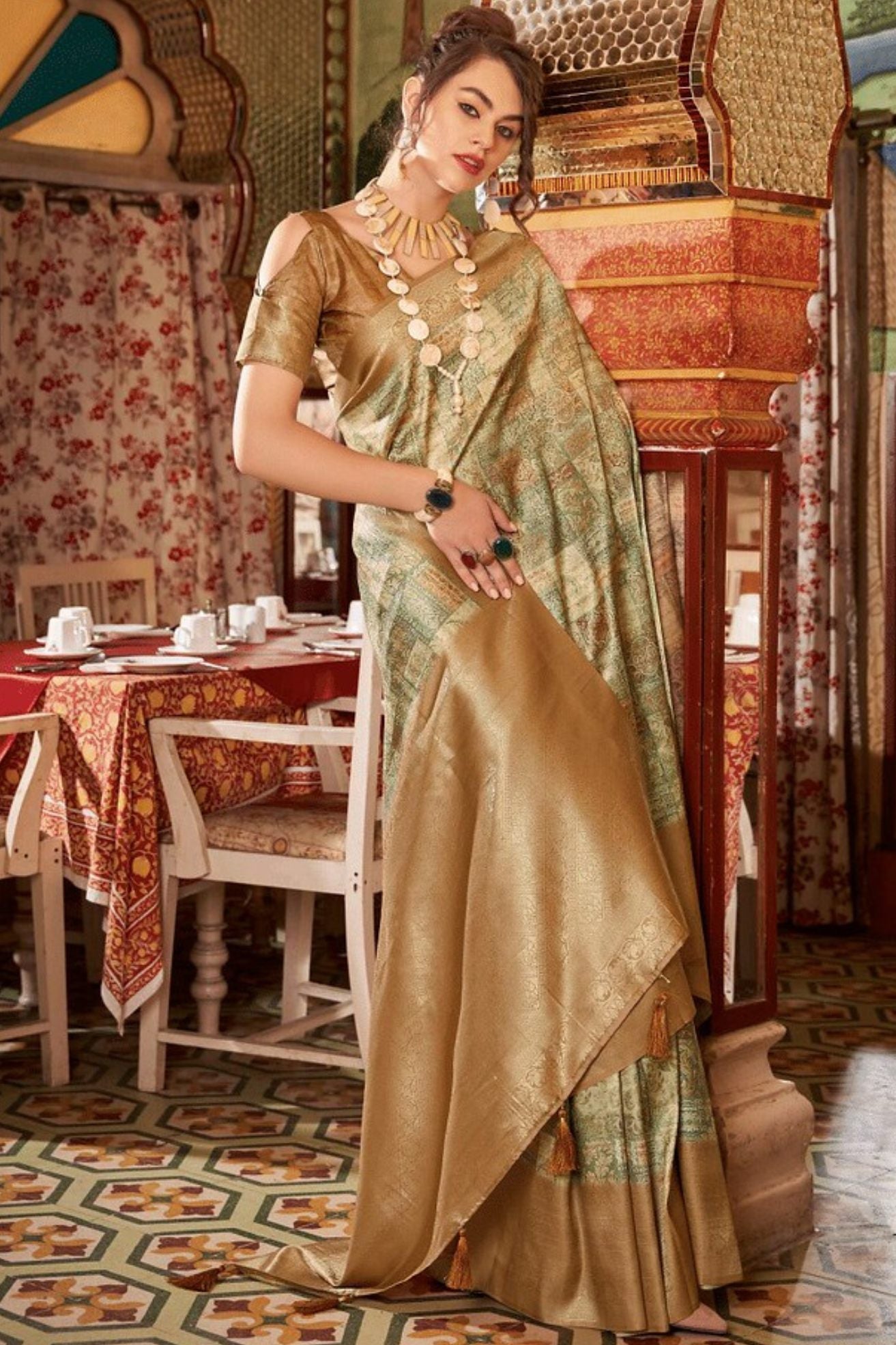 Buy MySilkLove Tan Brown Banarasi Digital Printed Saree Online