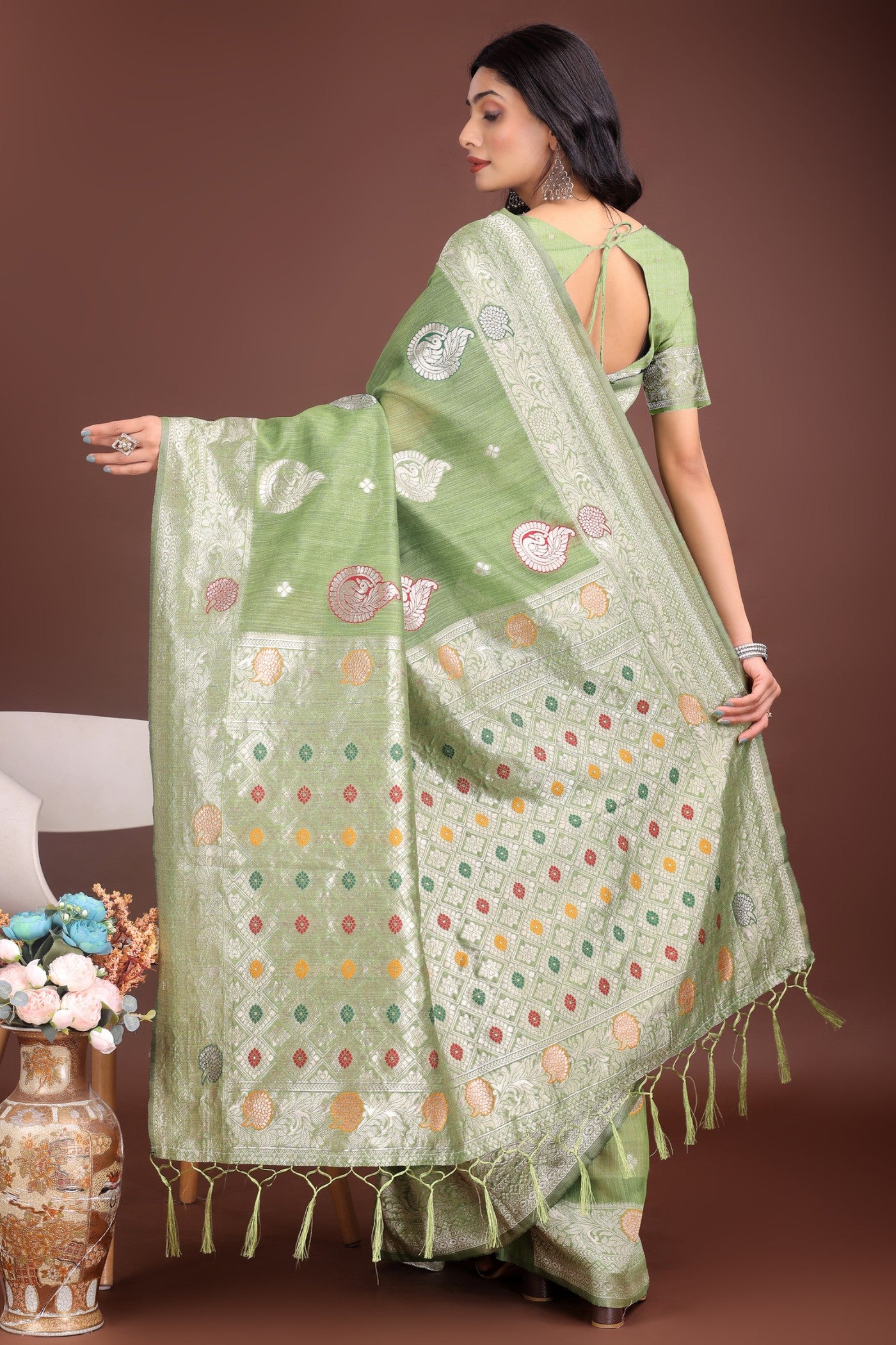Buy MySilkLove Frog Green Linen Cotton Saree Online