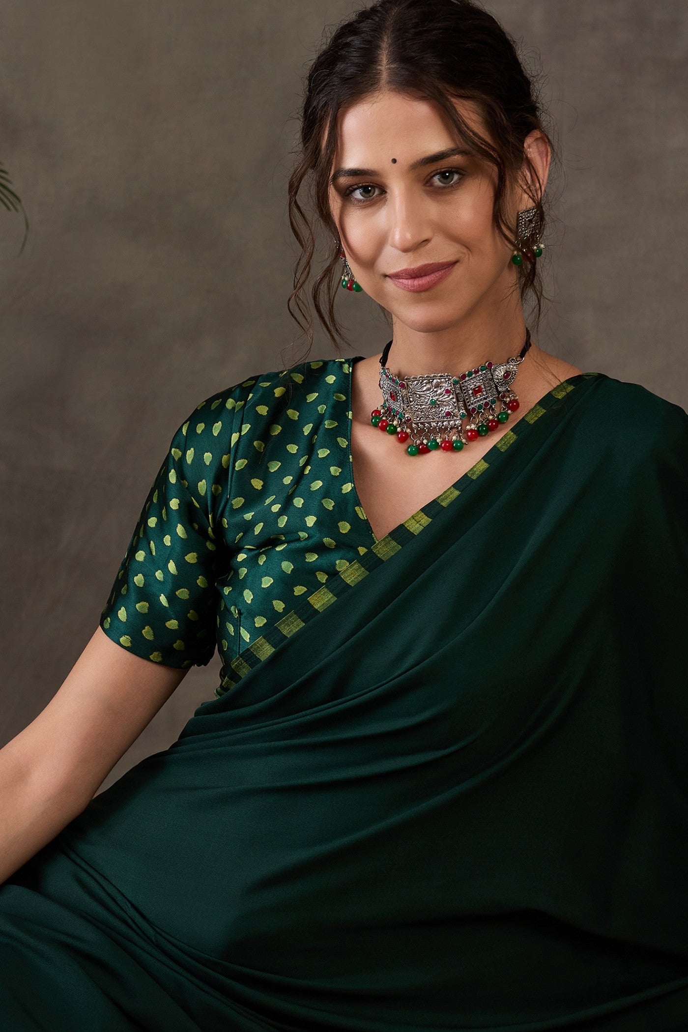 MySilkLove Dark Leaf Green Printed Satin Gaji Silk Saree
