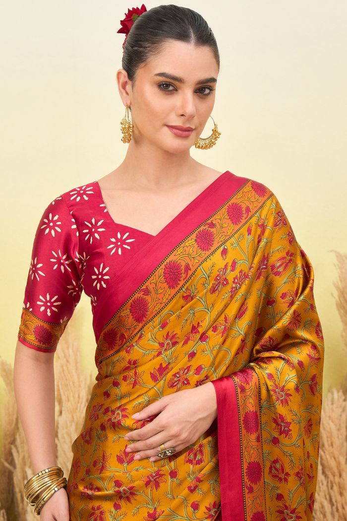 Buy MySilkLove Imperial Yellow Modal Satin Printed Silk Saree Online