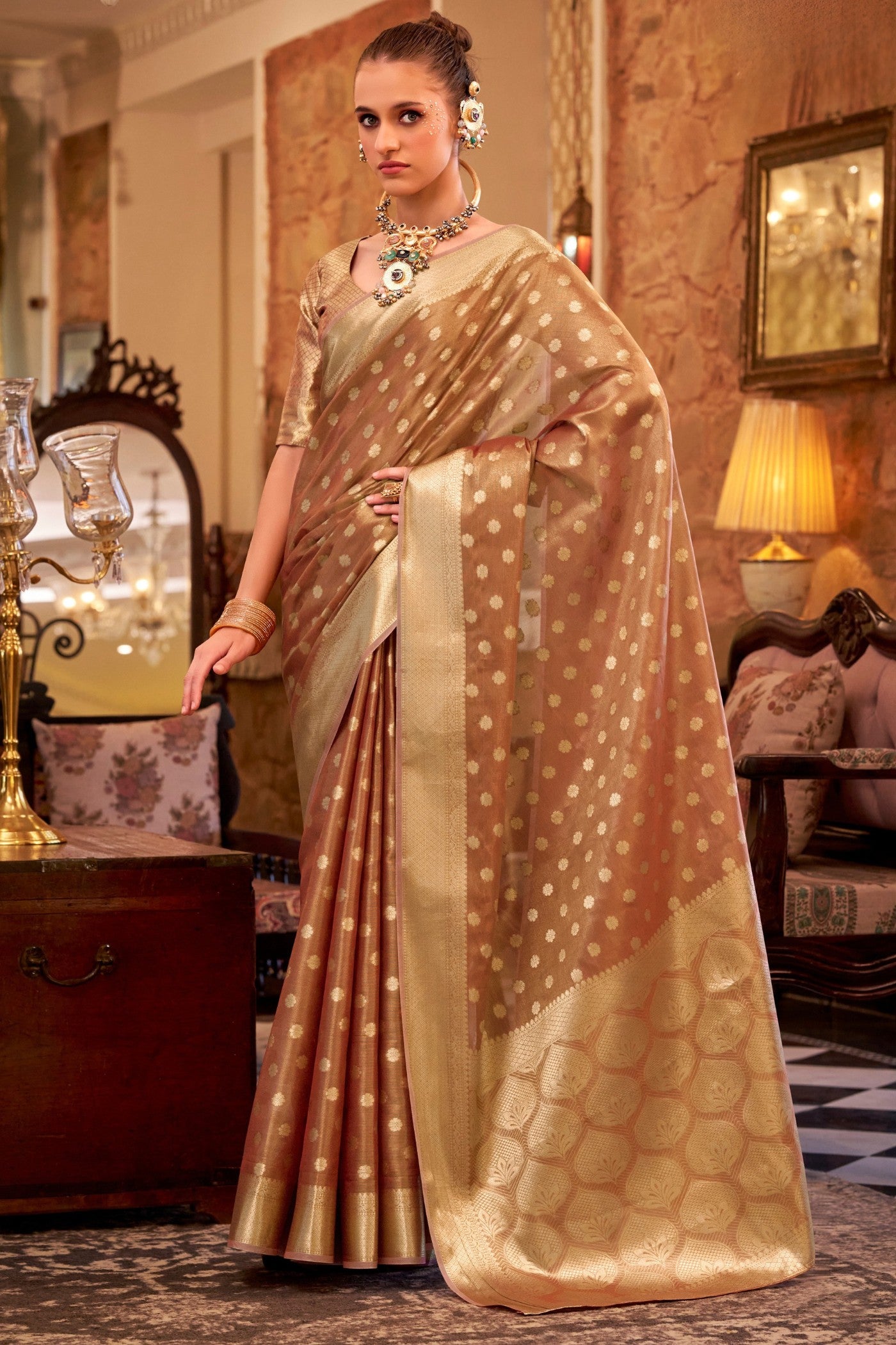 Buy MySilkLove Birch Brown Woven Tissue Silk Saree Online
