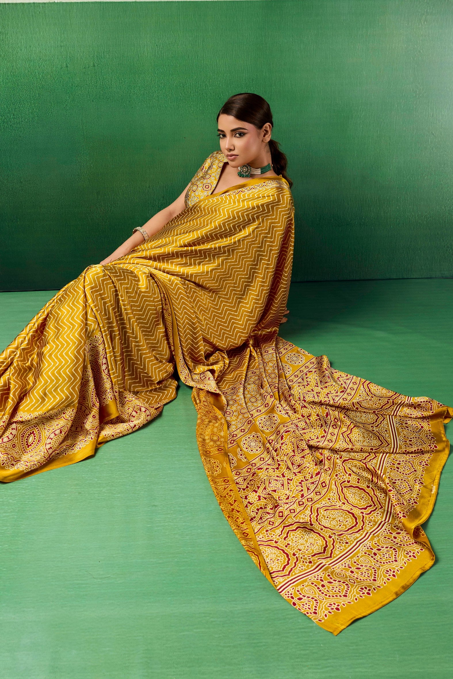 Buy MySilkLove Candlelight Yellow Modal Ajrakh Satin Printed Silk Saree Online