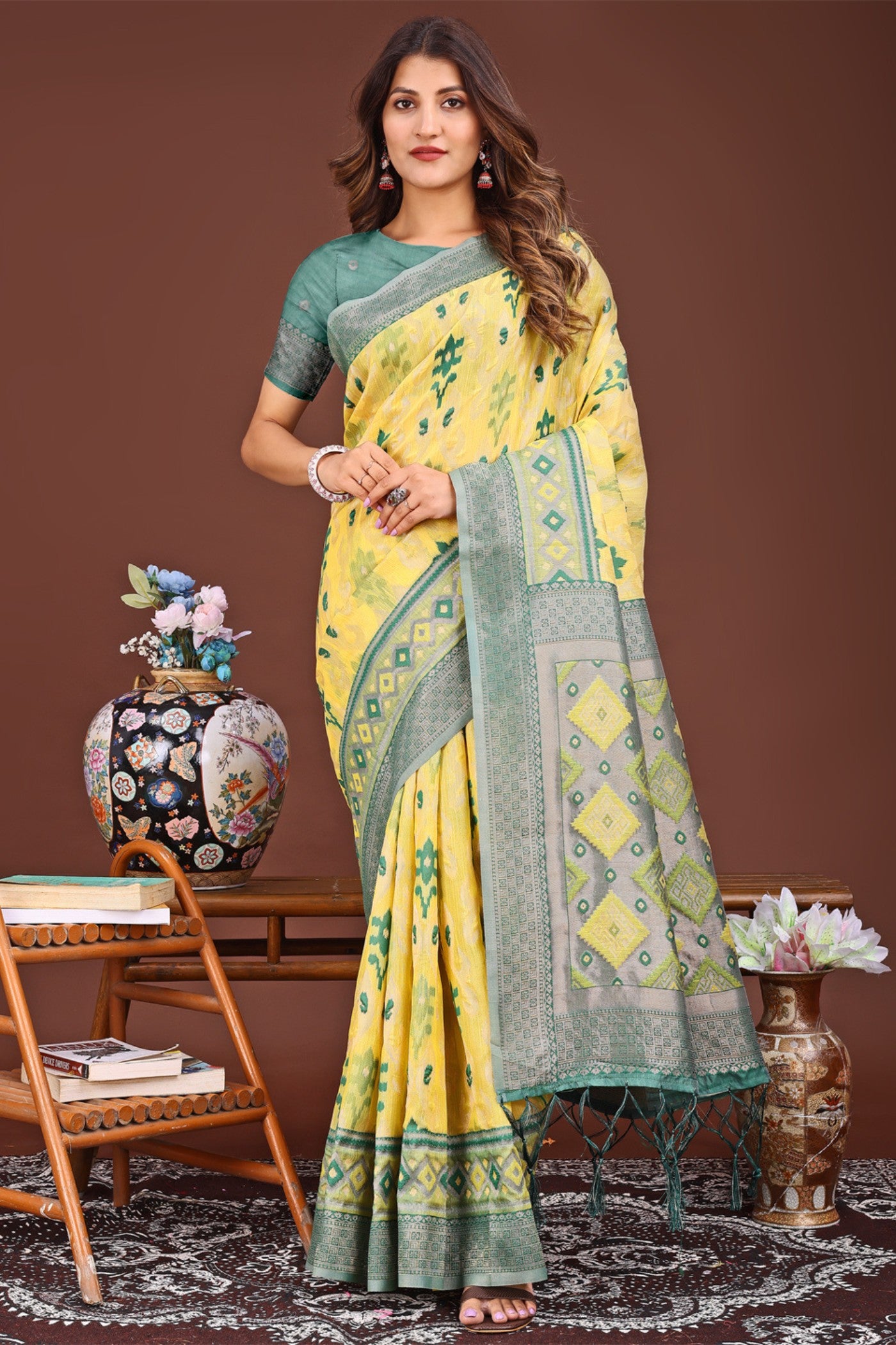 Buy MySilkLove Safety Yellow Woven Linen Cotton Saree Online