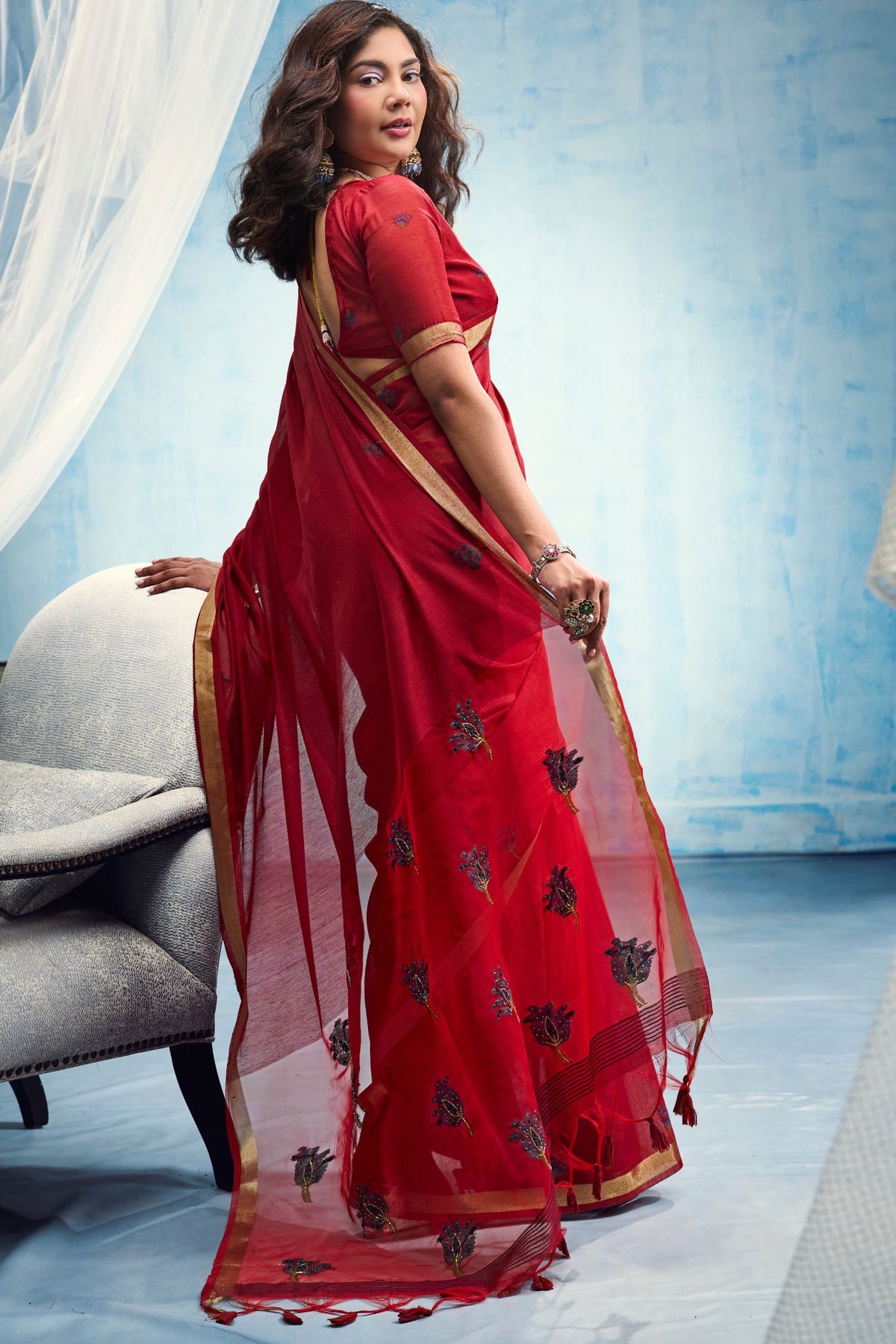 Buy MySilkLove Ruby Red Munga Handloom Cotton Saree Online