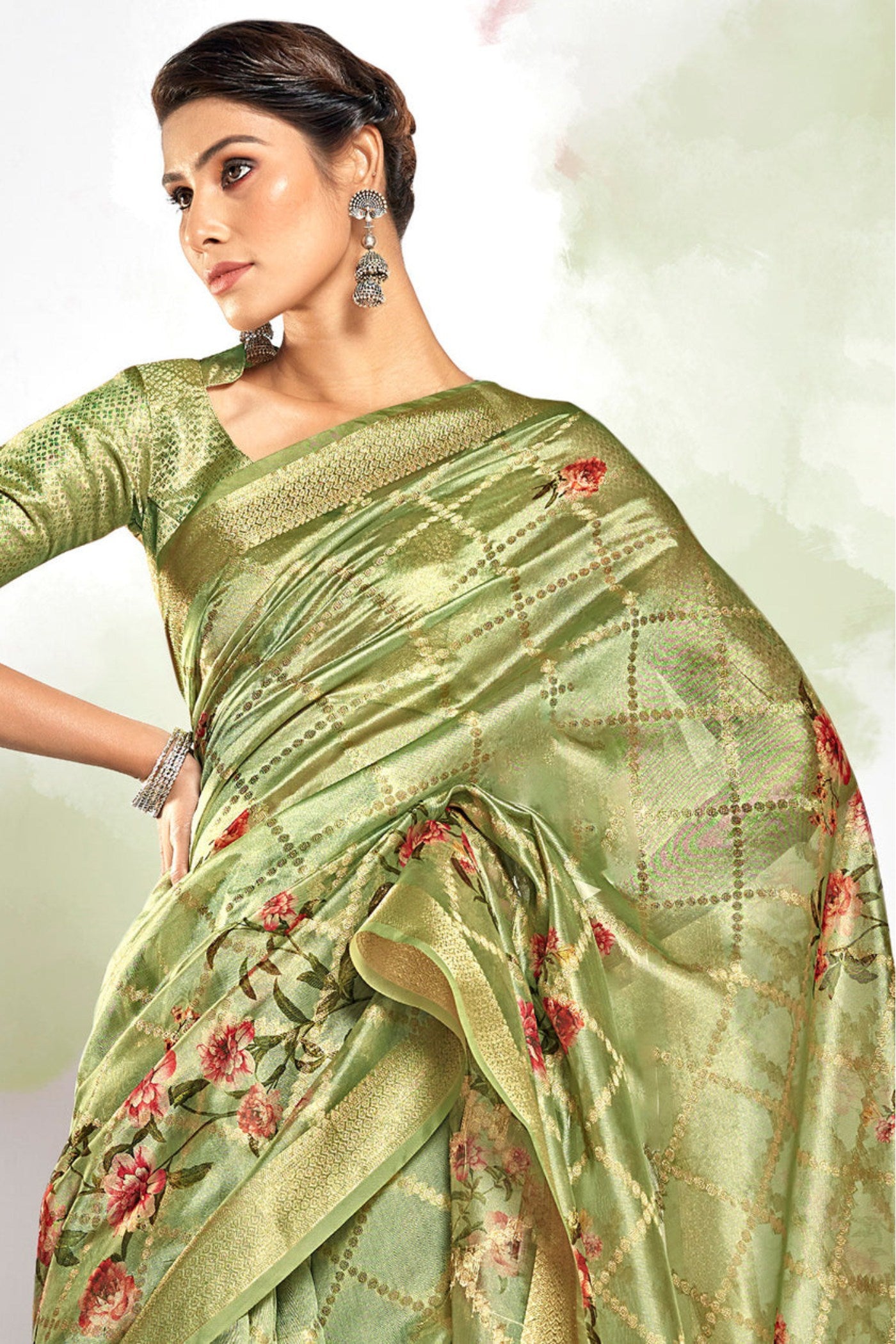 MySilkLove Locust Green Digital Printed Banarasi Saree