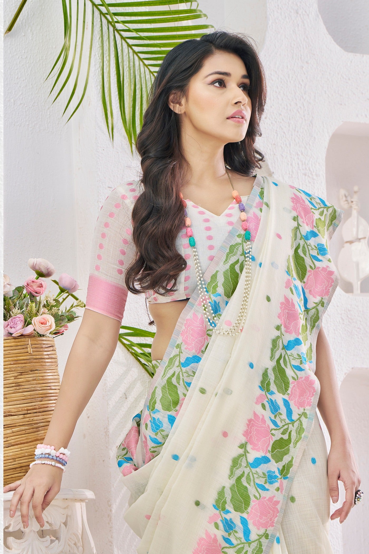 Buy MySilkLove Sisal White Printed Linen Saree Online