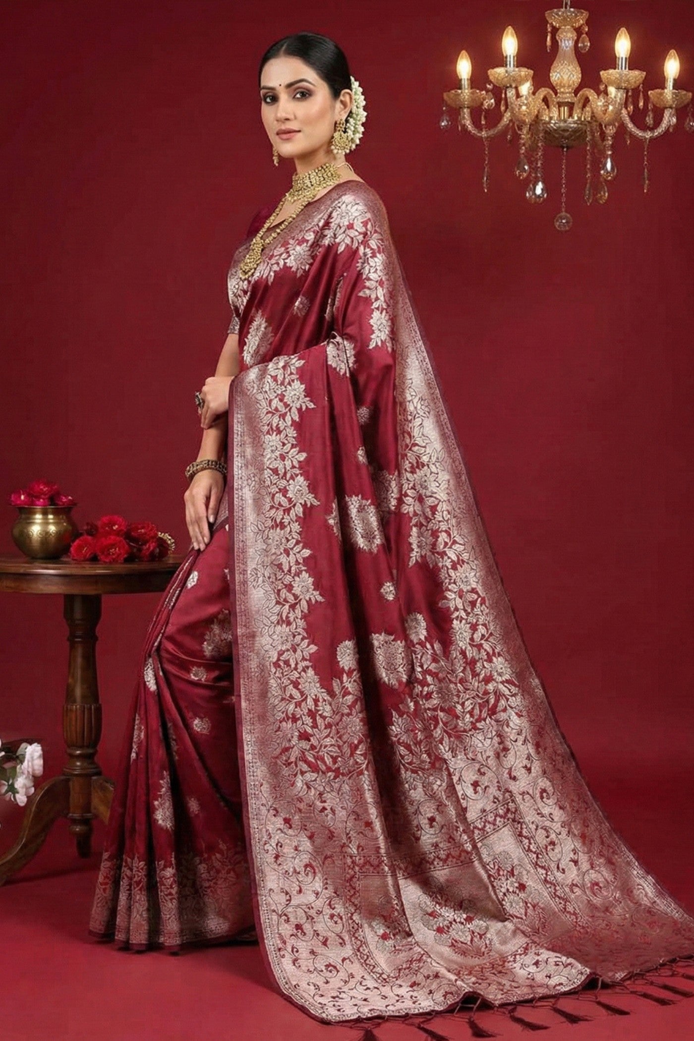 Buy MySilkLove Umber Maroon Woven Banarasi Silk Saree Online