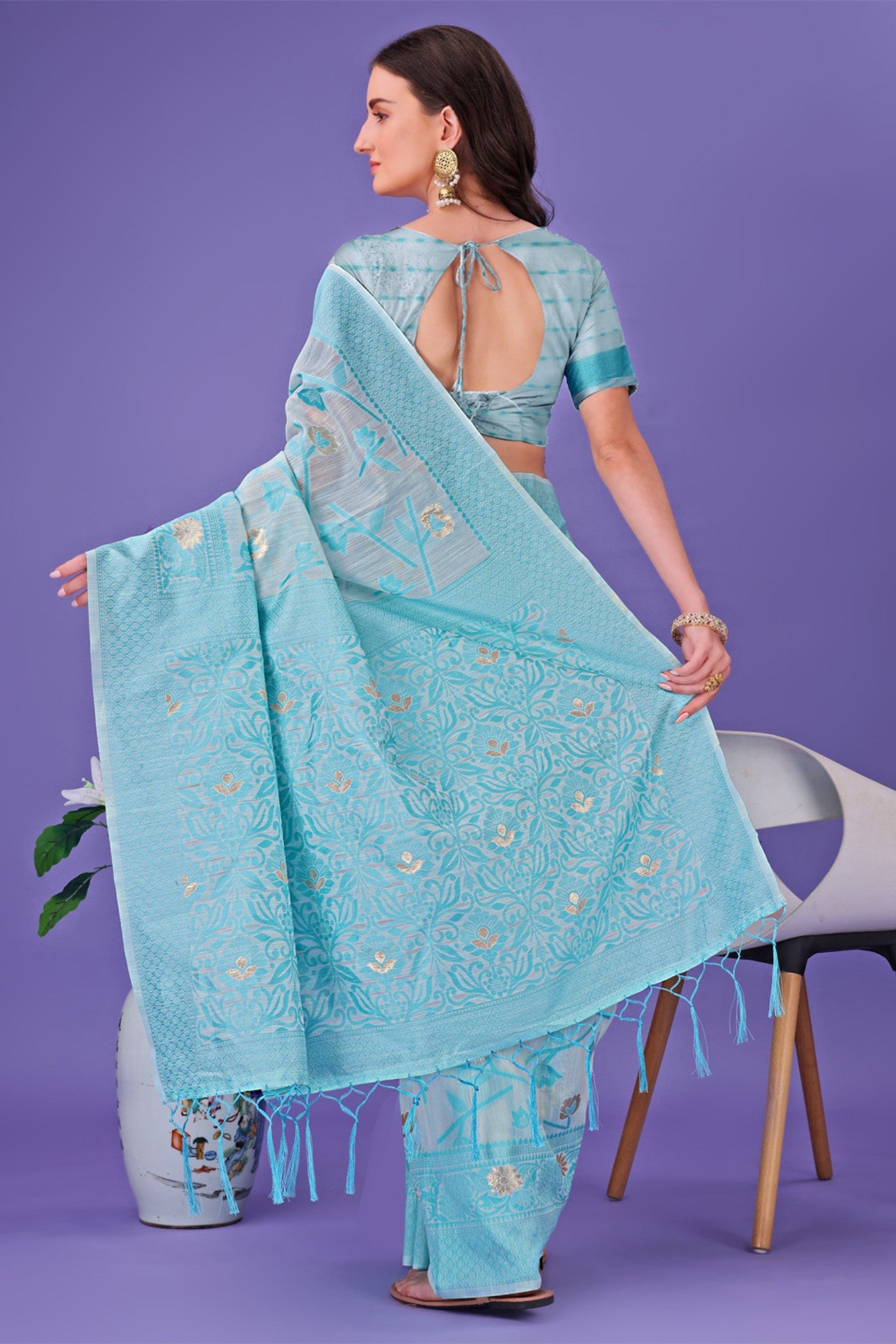 Buy MySilkLove Water Blue Linen Cotton Saree Online