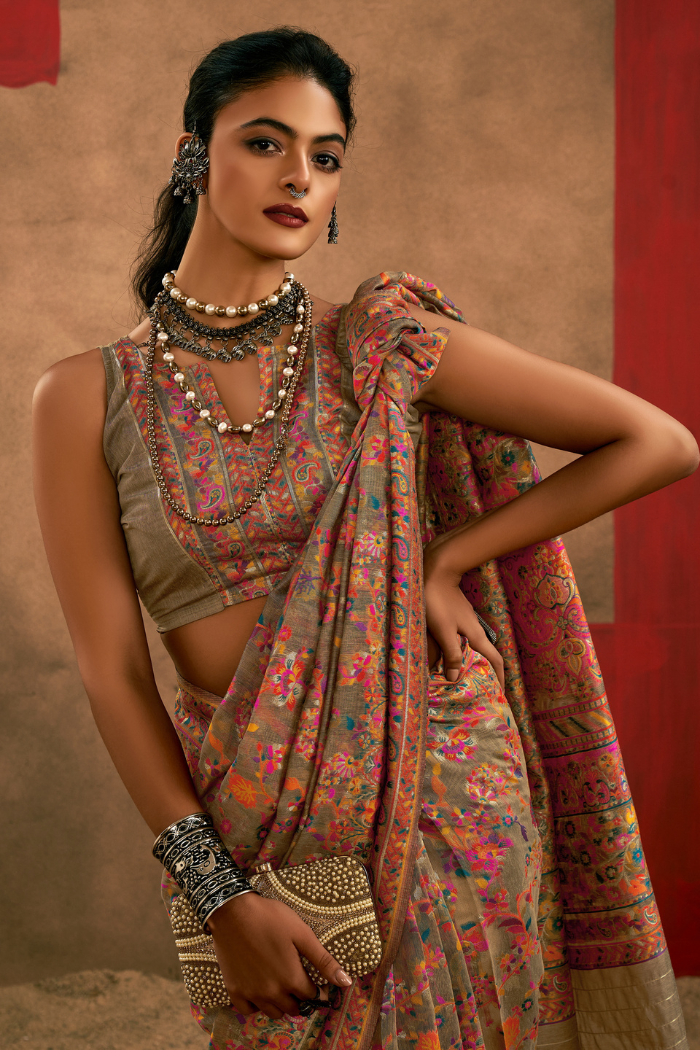 MySilkLove Khaki Brown Kashmiri Handloom Jamewar Saree