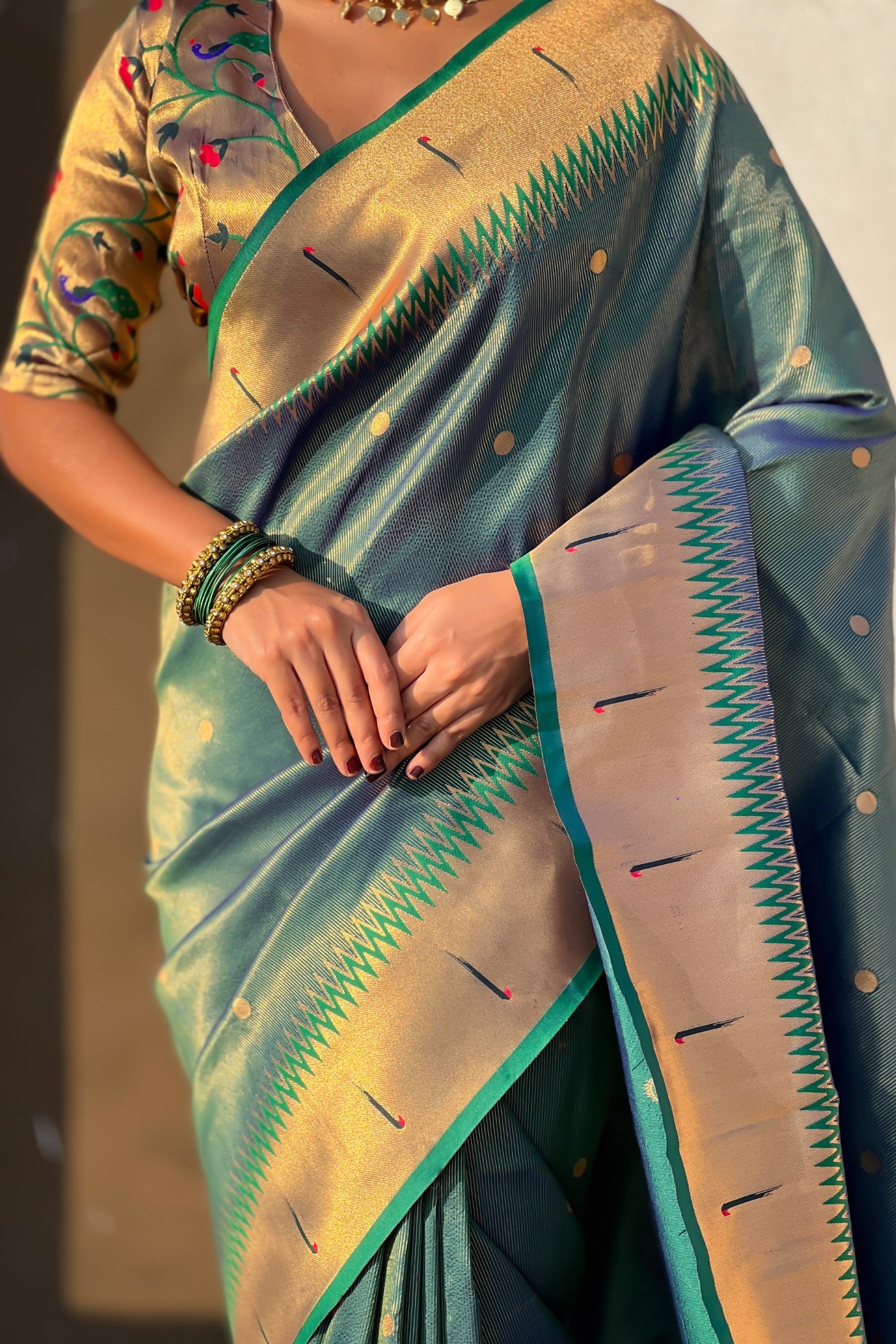 Buy MySilkLove Emerald Green Woven Tissue Paithani Saree Online