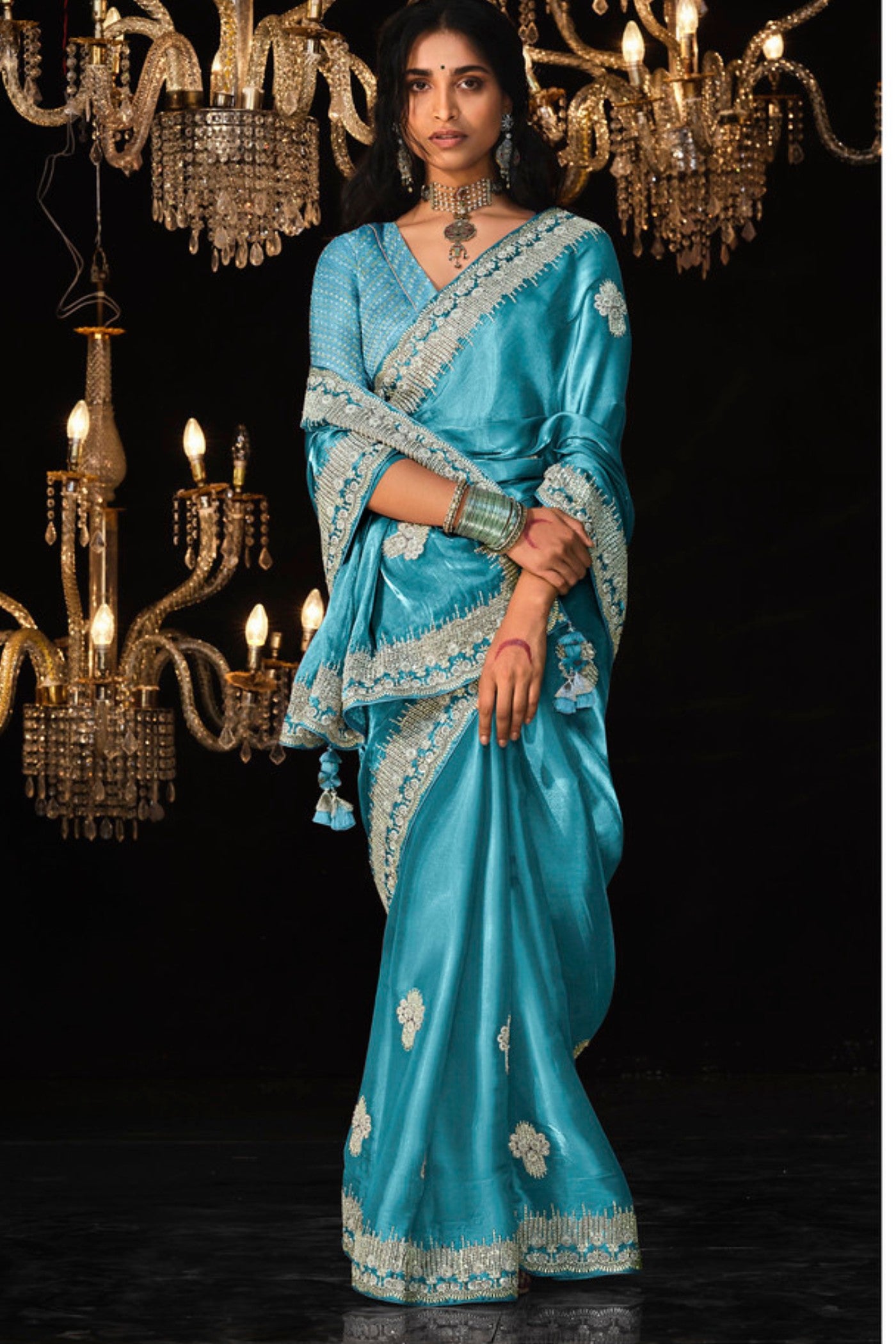 Buy MySilkLove Pacific Blue Tissue Embroidered Designer Saree Online