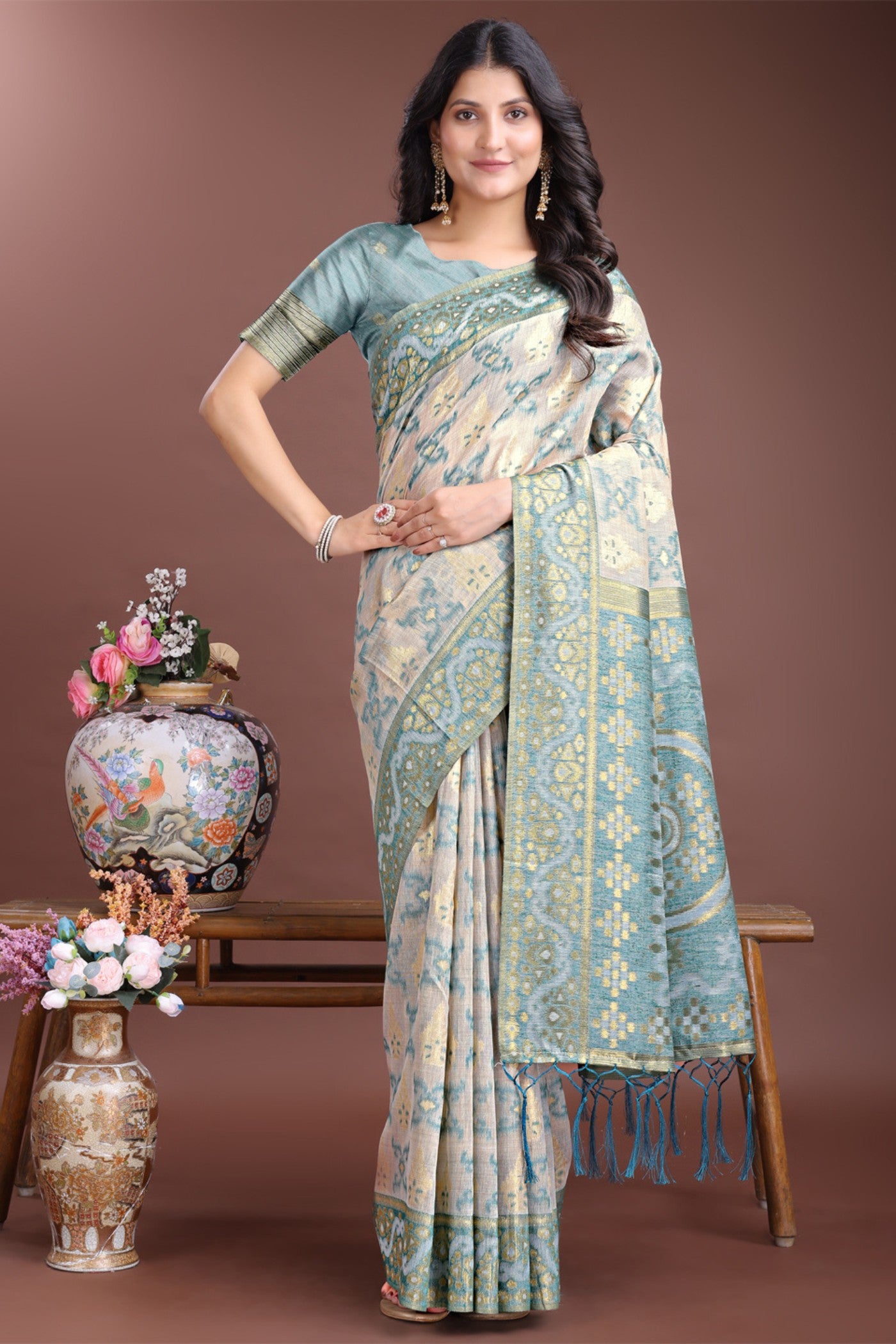 Buy MySilkLove Arctic Blue Linen Cotton Saree Online