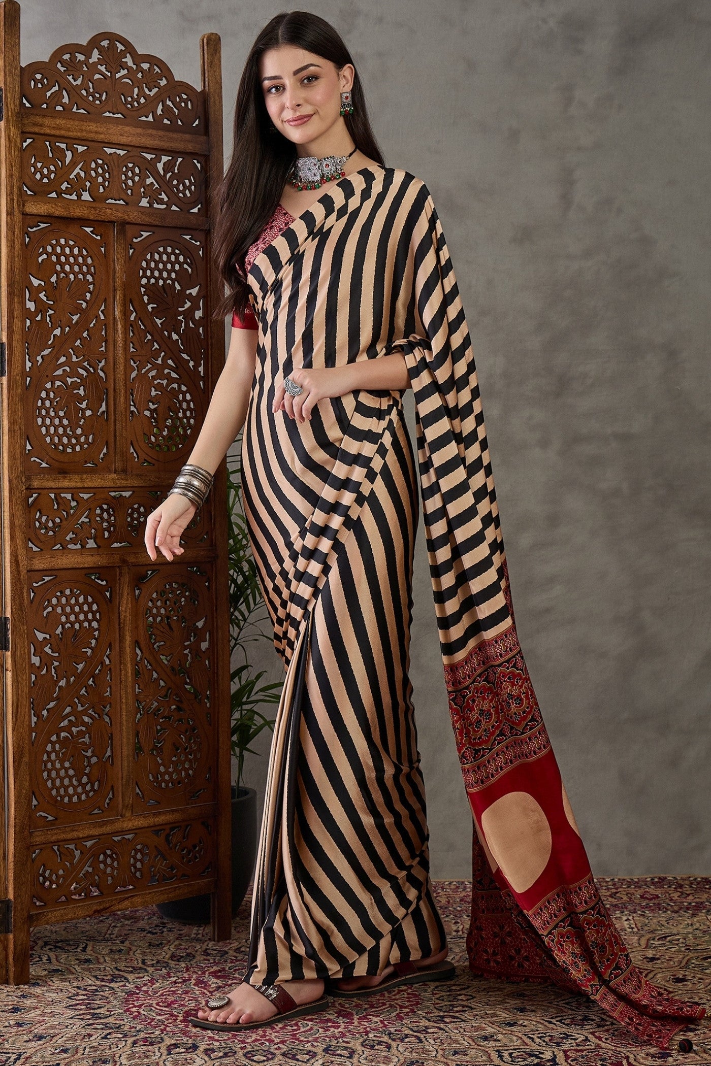 Buy MySilkLove Buff Cream Stripe Ajrakh Printed Satin Gaji Silk Saree Online