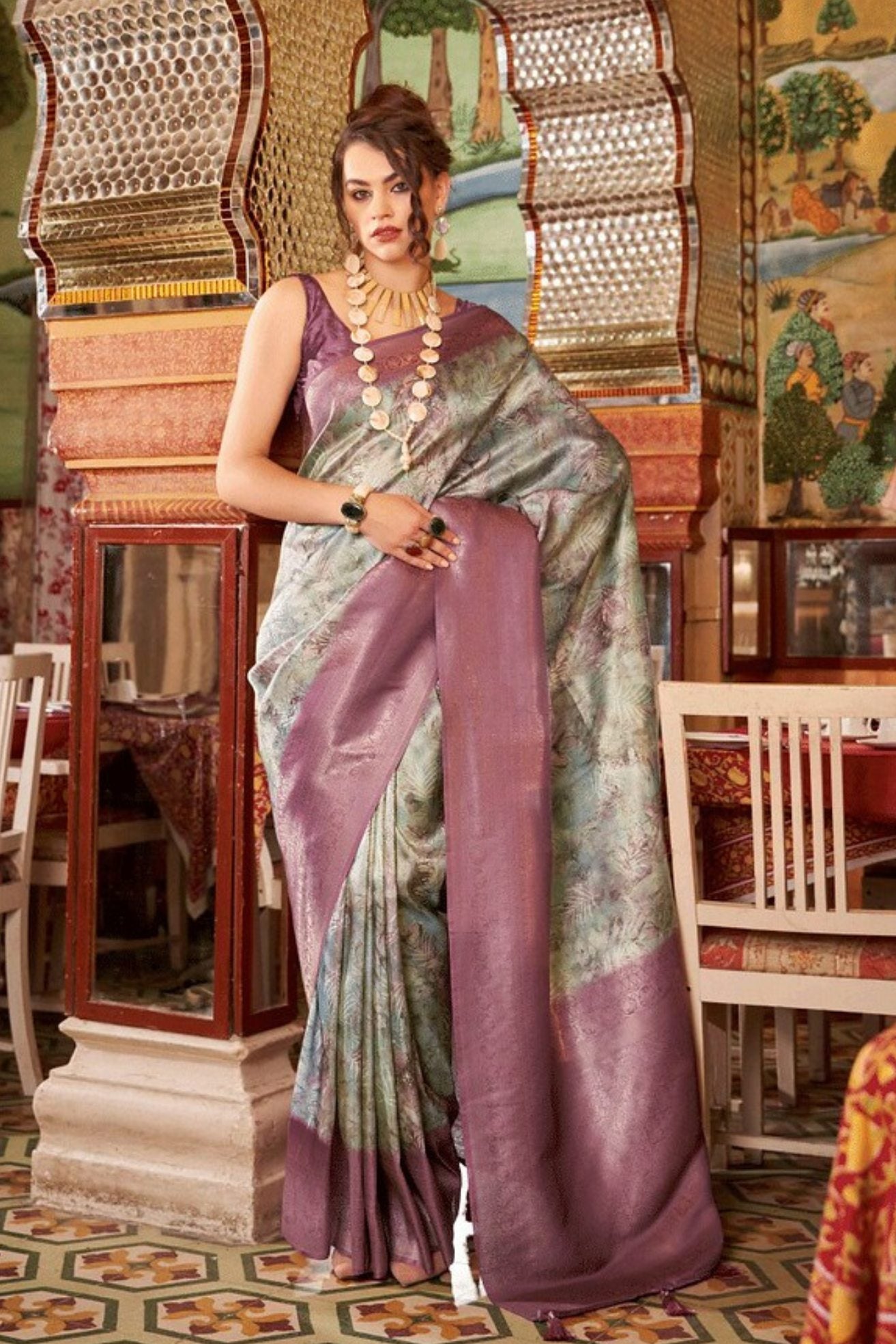 Buy MySilkLove Cement Grey Banarasi Digital Printed Saree Online