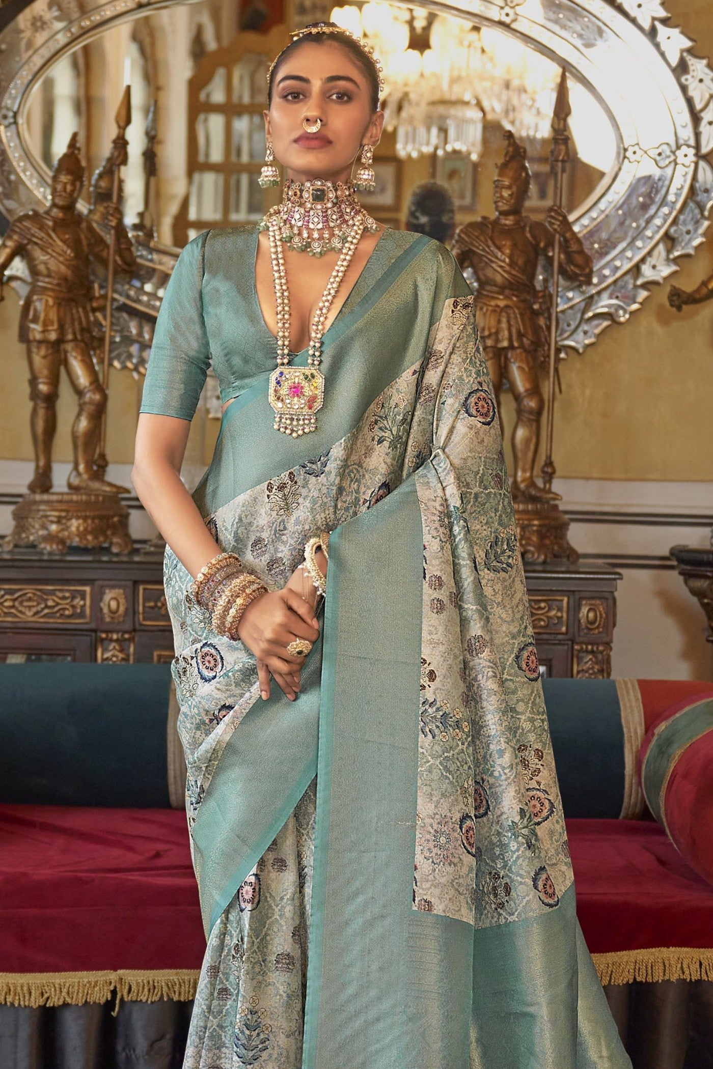 Buy MySilkLove Bitter Green Tussar Banarasi Digital Printed Saree Online