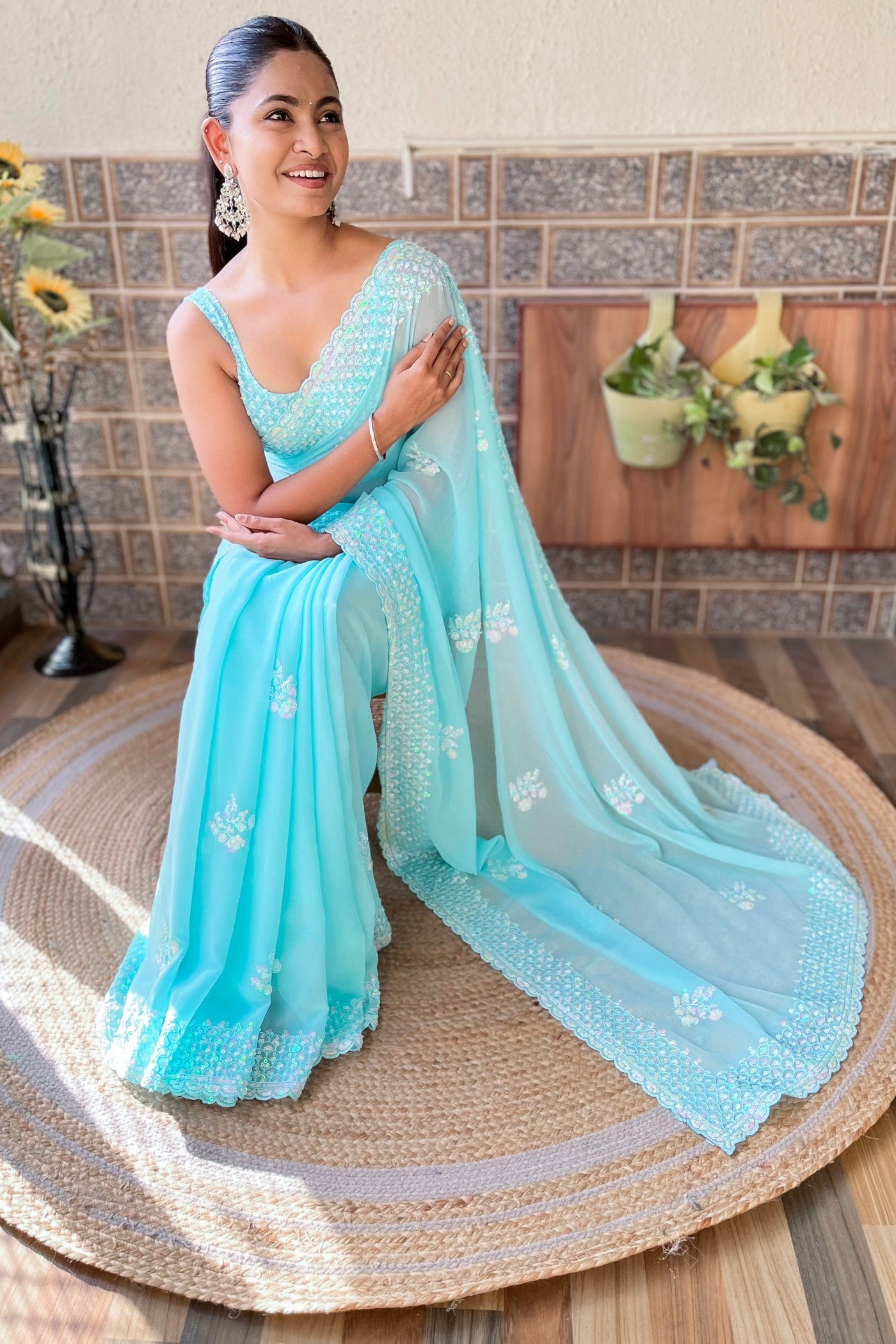 Buy MySilkLove Delphinium Blue Embroidery Georgette saree Online