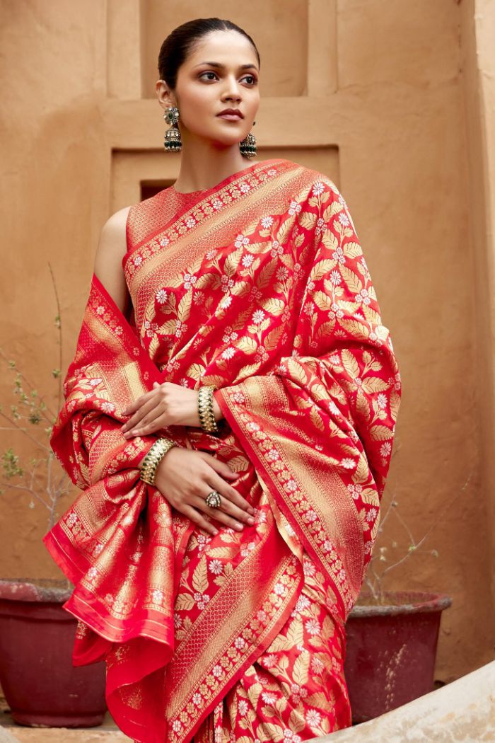 Buy MySilkLove Rose Red Woven Banarasi Saree Online