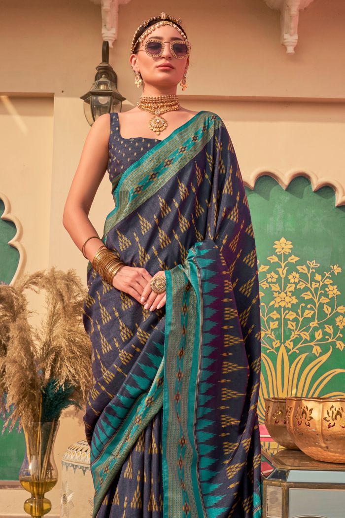 Buy MySilkLove Berry Blue Printed Banarasi Soft Silk Saree Online