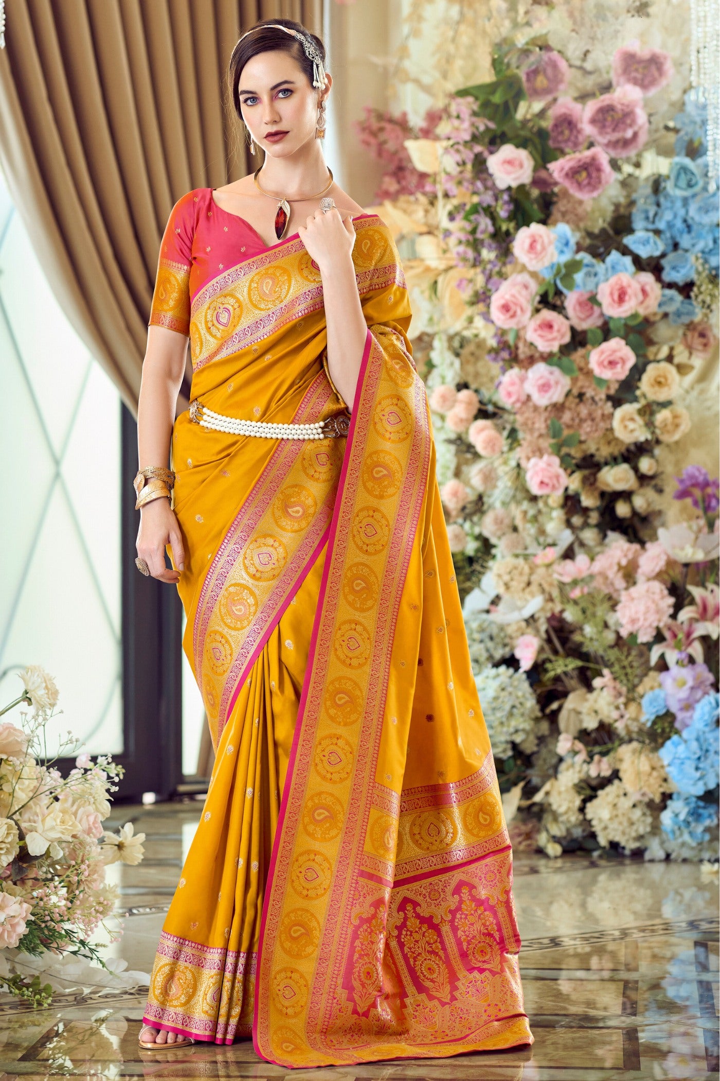 Buy MySilkLove Fire Bush Yellow Woven Banarasi Soft Silk Saree Online