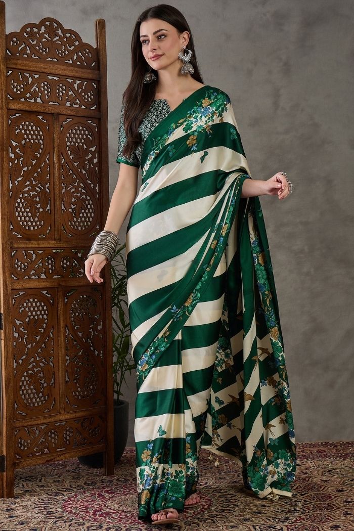 Buy MySilkLove Tree Green Stripe Printed Floral Satin Gaji Silk Saree Online