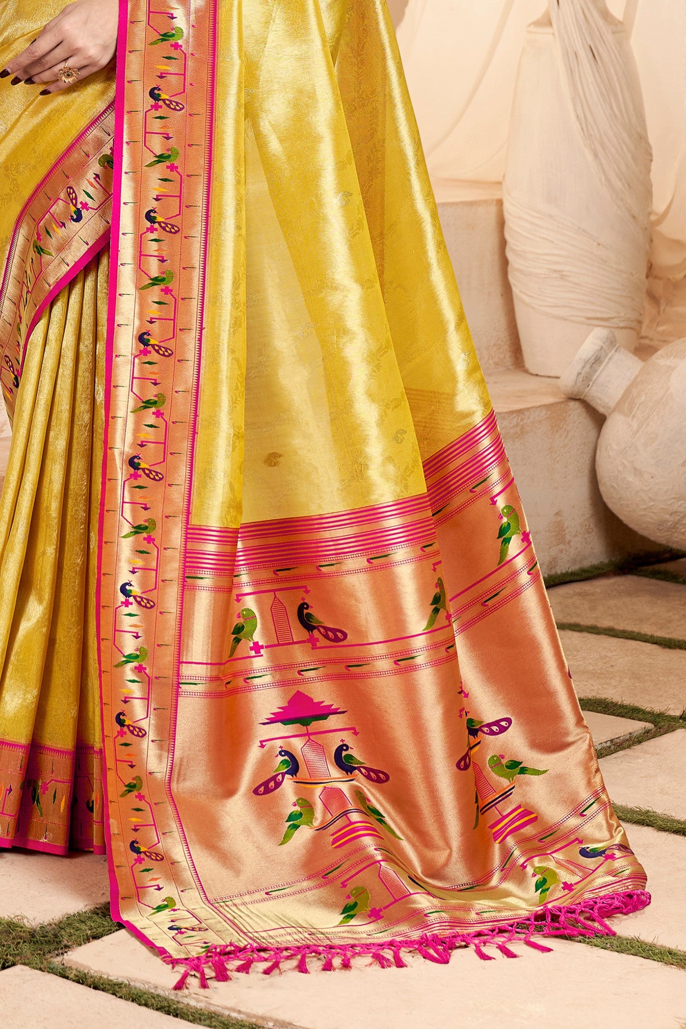 Buy MySilkLove Bee Yellow Zari Woven Paithani Tissue Saree Online