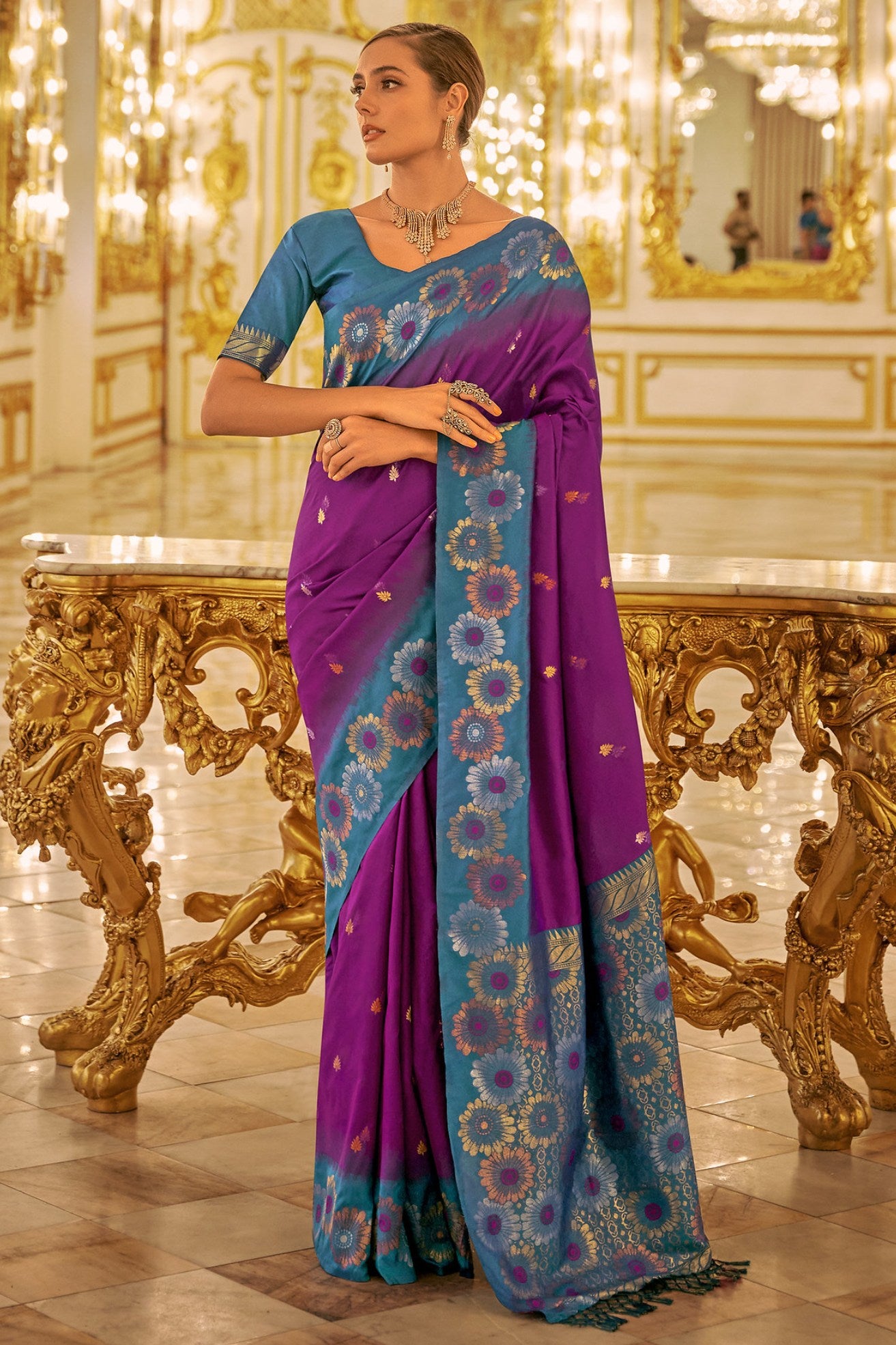 Buy MySilkLove Plum Purple and Blue Woven Banarasi Saree Online