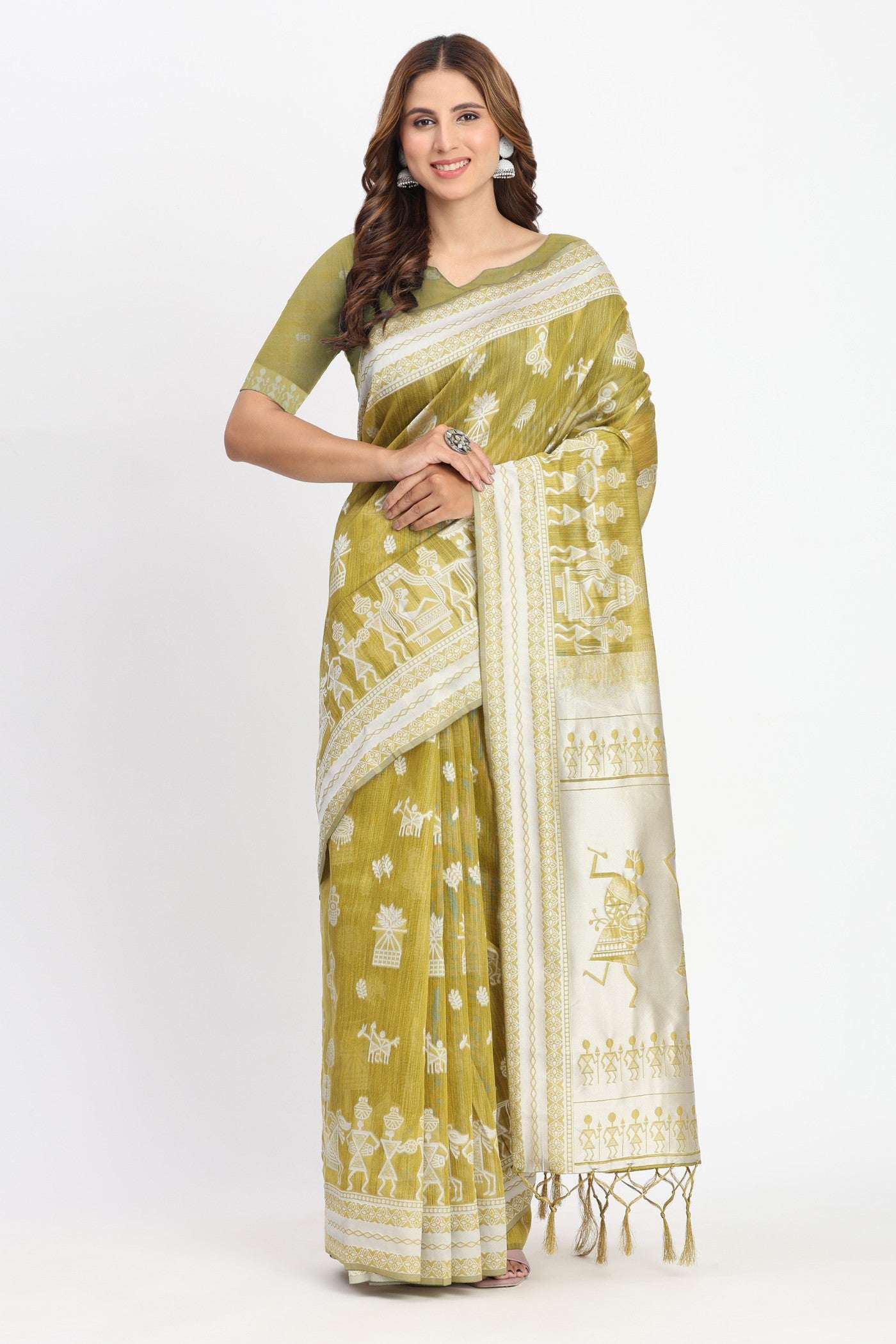 Buy MySilkLove Green Lizard Woven Linen Cotton Saree Online