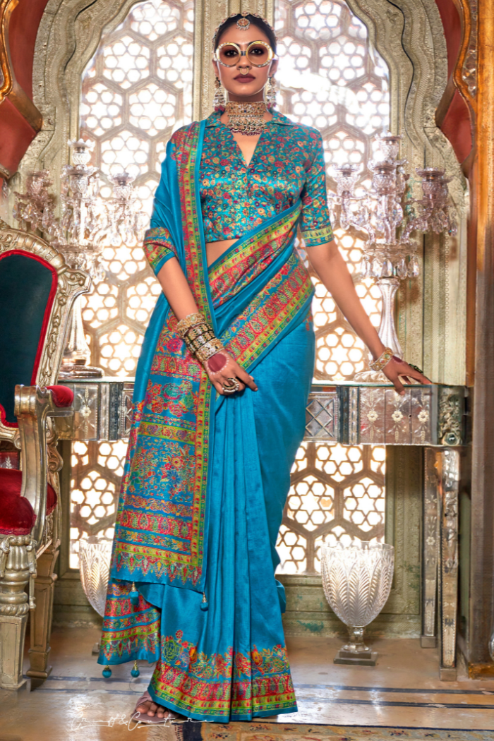 Buy MySilkLove Curious Blue Printed Banarasi Saree Online