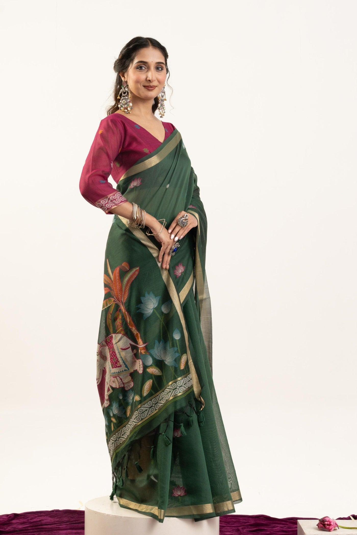 Buy MySilkLove Bottle Green Woven Soft Muga Cotton Saree Online