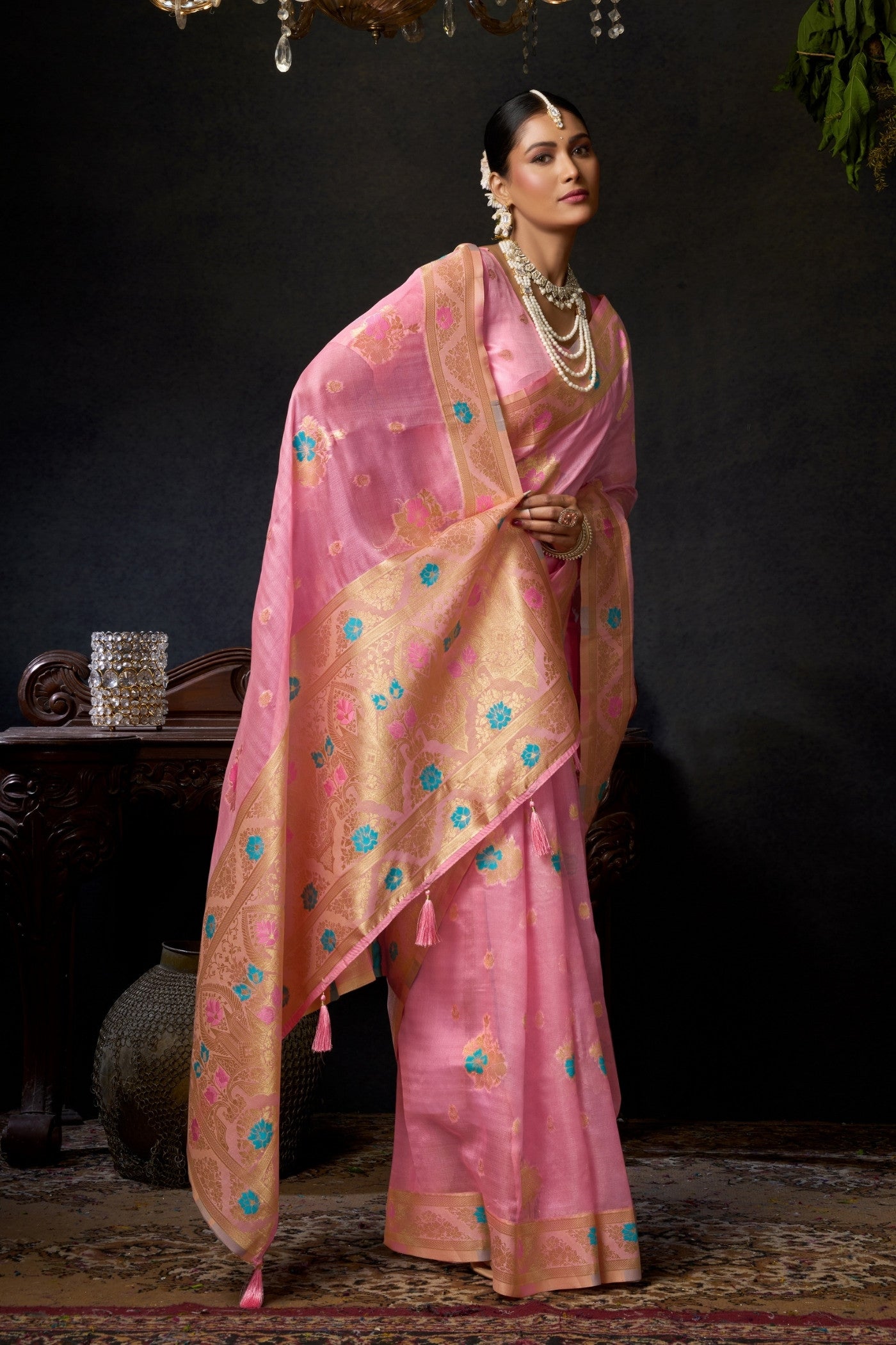 Buy MySilkLove Blossom Pink Woven Banarasi Organza Saree Online