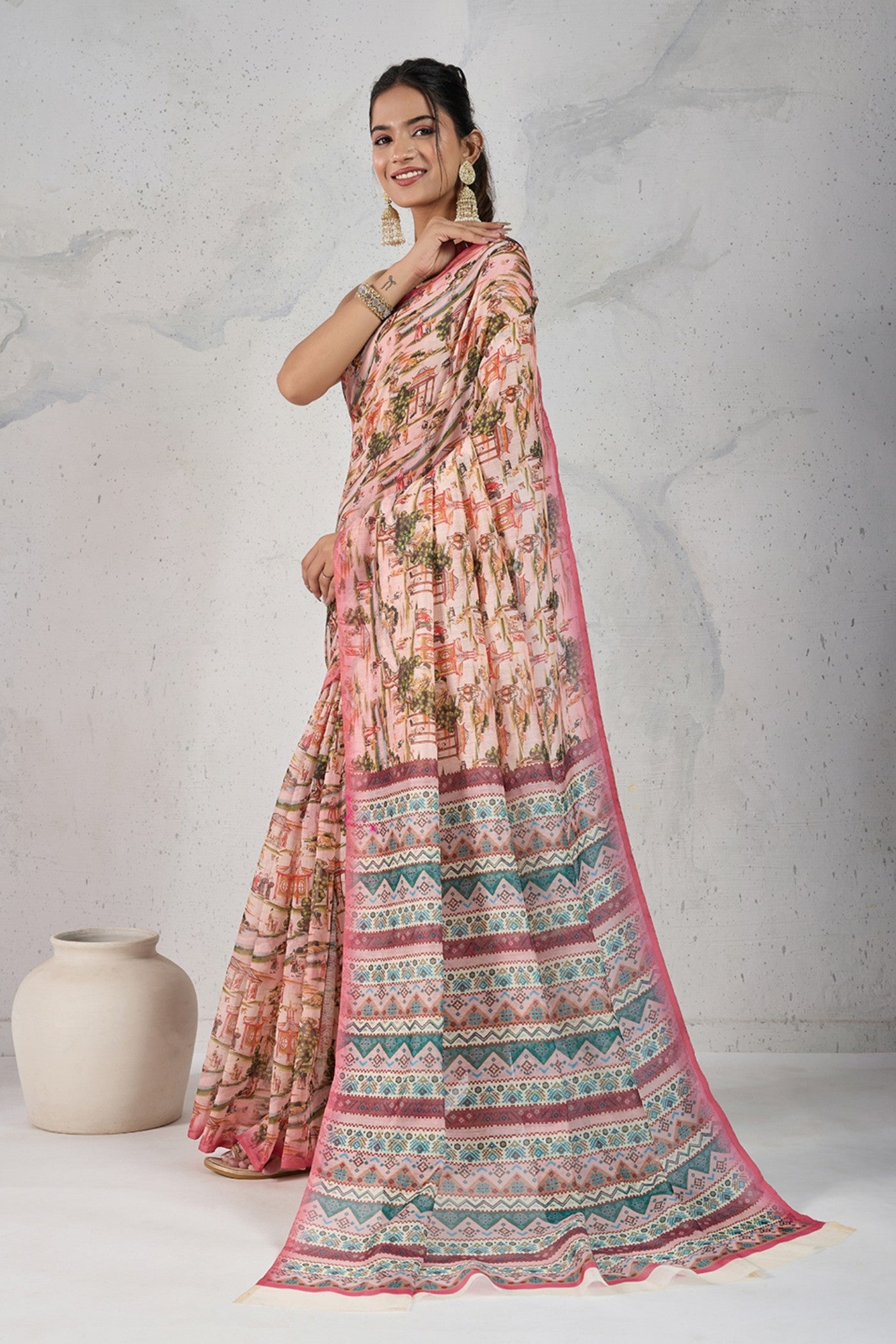 Buy MySilkLove Vintage Peach Digital Printed Saree Online
