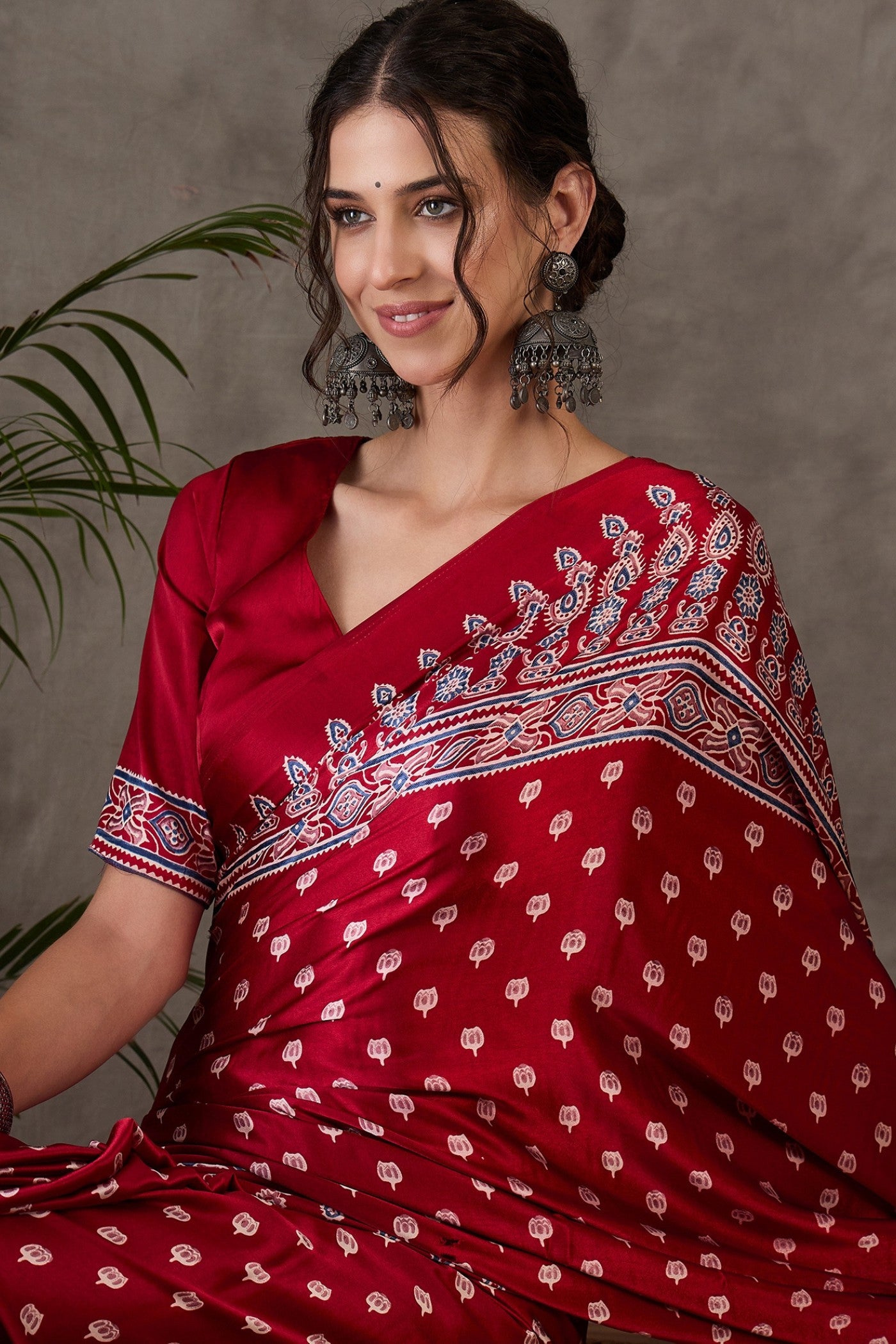 MySilkLove Dark Rose Red Printed Satin Gaji Silk Saree