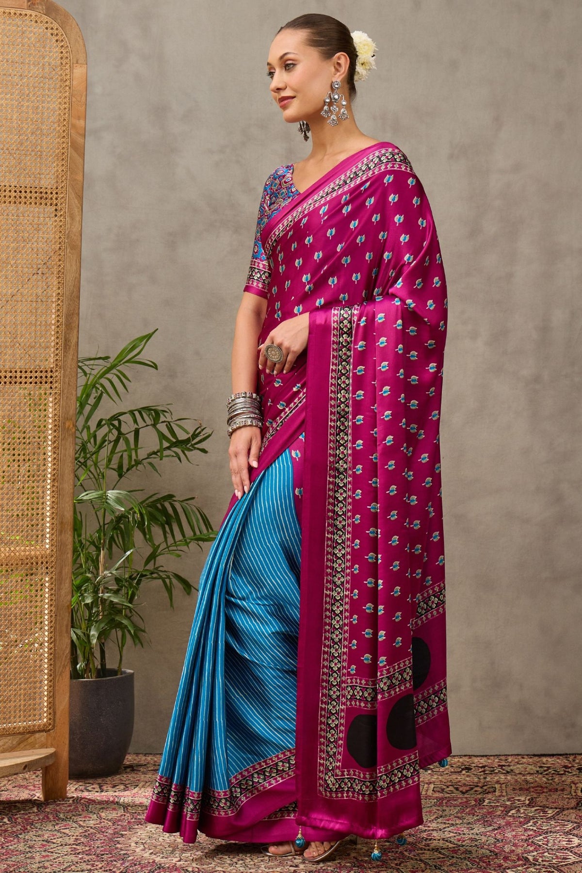 Buy MySilkLove Fuchsia Pink and Blue Modal Satin Printed Silk Saree Online